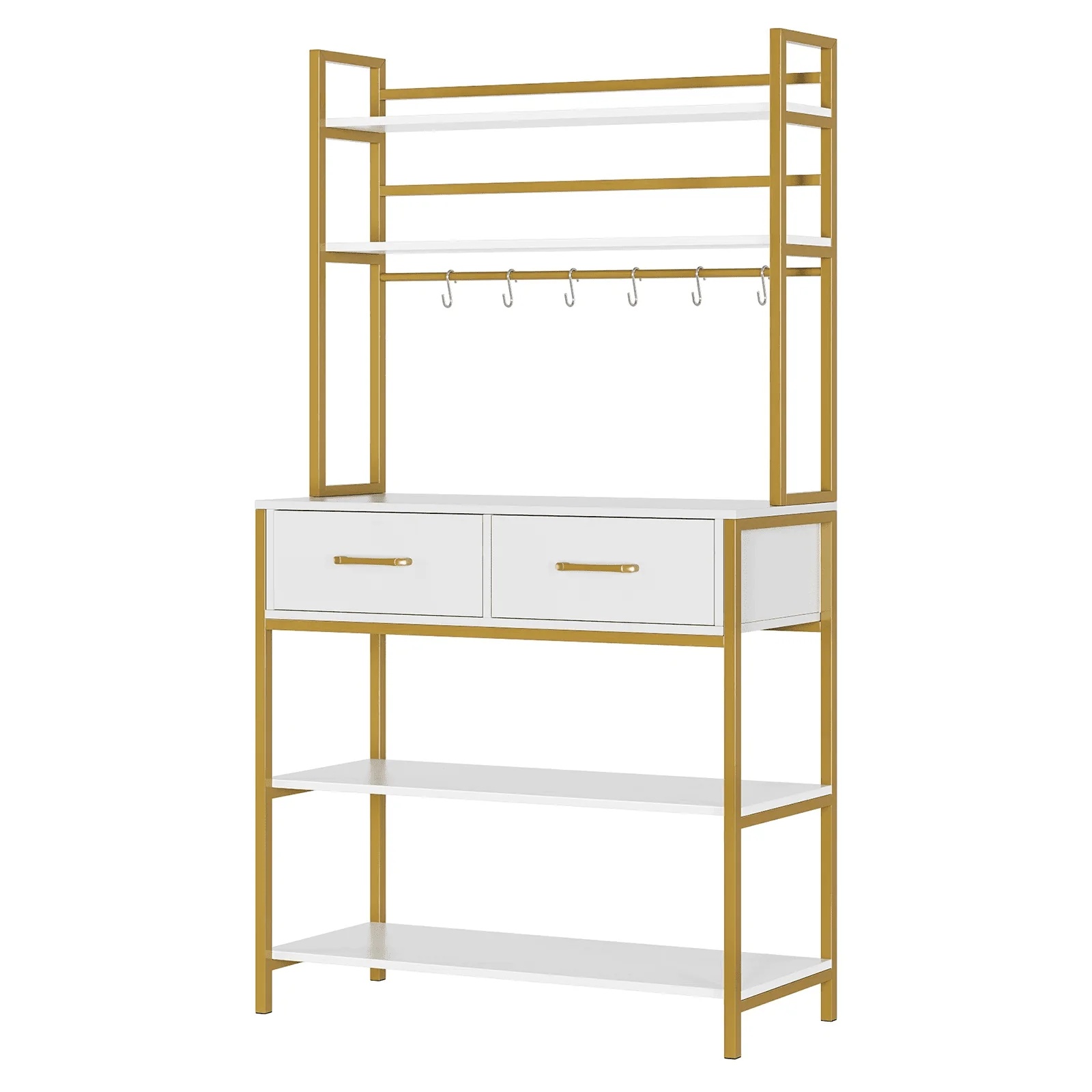 Homfa 2 Drawers Ladder Shelf, 5 Tier Modern Bookcase, Multifunctional Bookshelf Storage Rack, Gold and White - Image 5