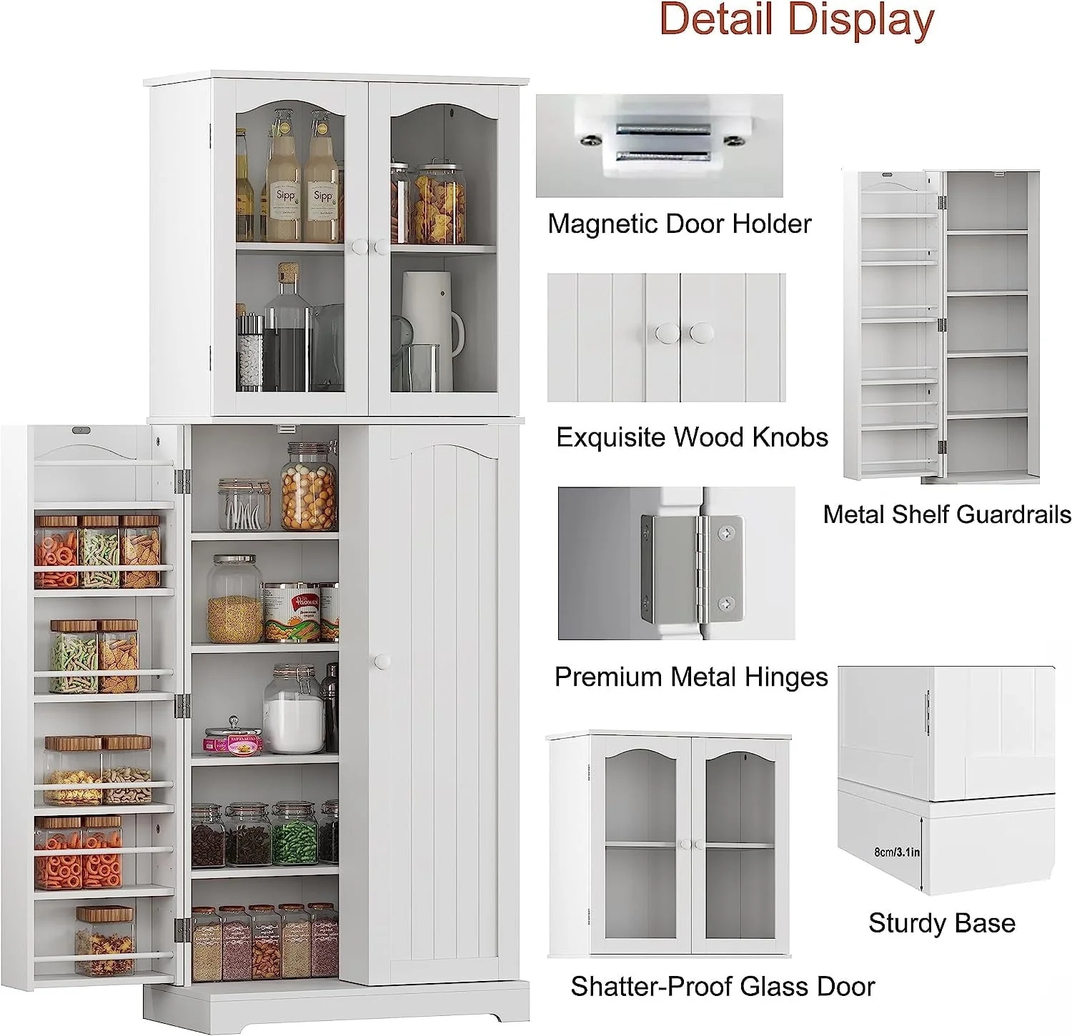 HOMEFORT 64" Kitchen Pantry Cabinet, Modern Tall Cabinet with MDF board and Adjustable Shelves, Freestanding Utility Storage Cabinet Cupboard for Kitchen, Living Room, Dining Room, White - Image 4