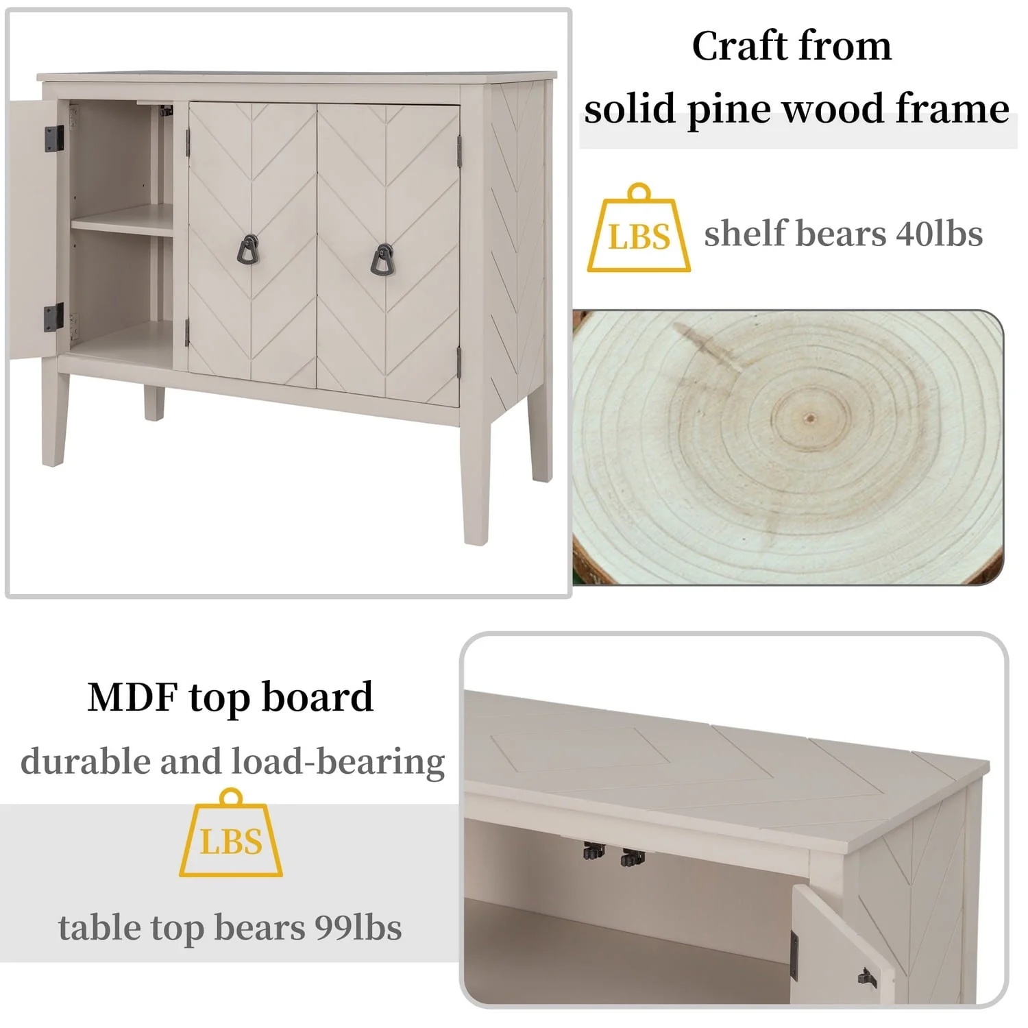 Ouyessir Solid Wood Buffet Sideboard Entry Console Table ,Antique Storage Cabinet with Doors and Adjustable Shelf, for Living Room , Dining Room, Kitchen, 37" Lx15.7 Wx31.5 H,Cream White - Image 5