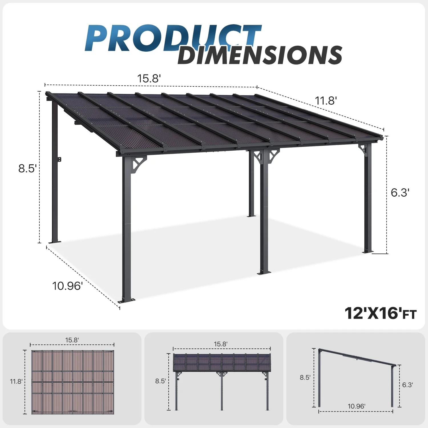 Sumnthink 10'x12' Gazebo for Patio, Gazebo Pergola with Sloped Roof, Large Wall-Mounted Heavy Duty Awnings, for Patio, Deck and Backyard - Image 22