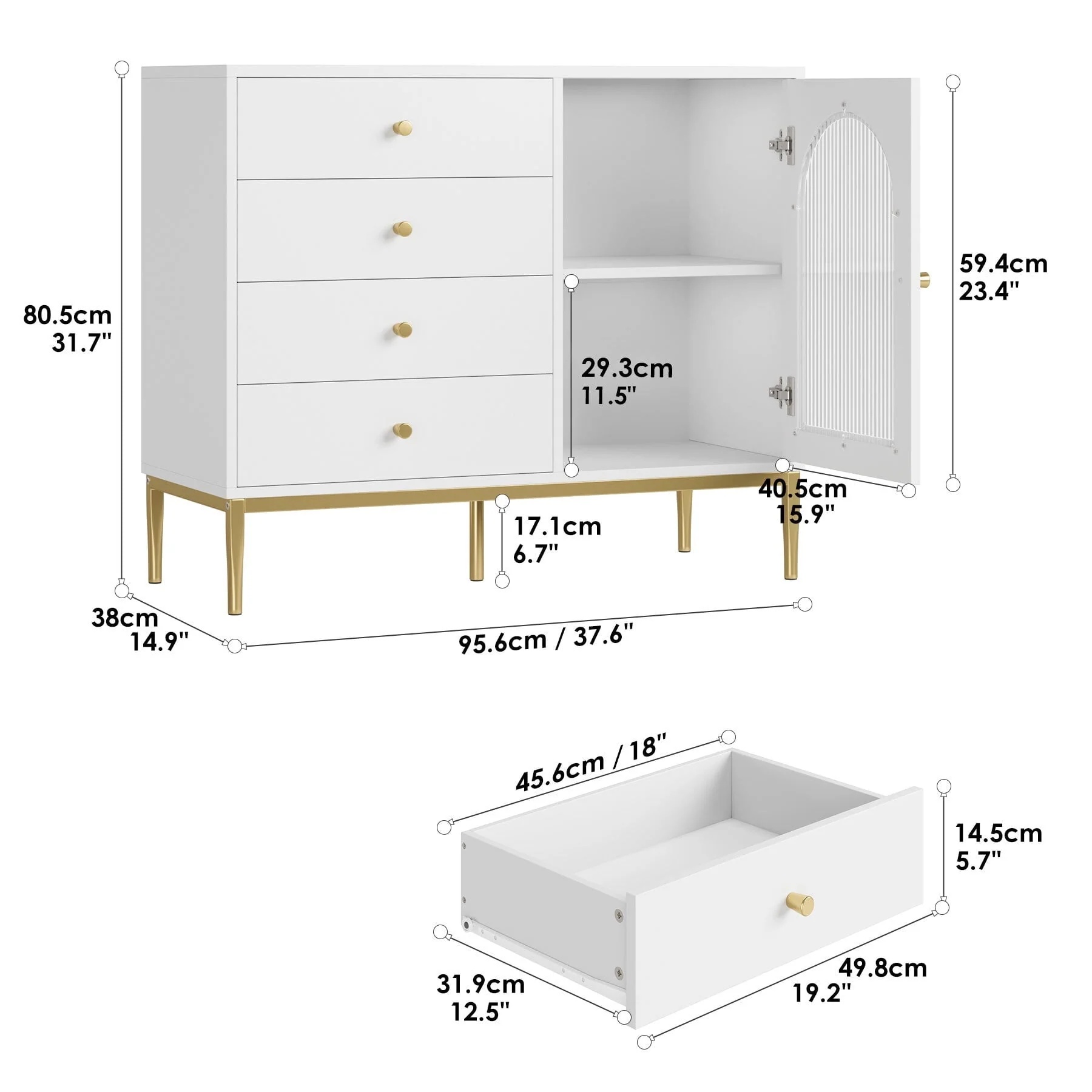 Homfa 4 Drawer Storage Cabinet, Modern Wooden Cupboard with Frosted Glass for Living Room, White Finish - Image 6
