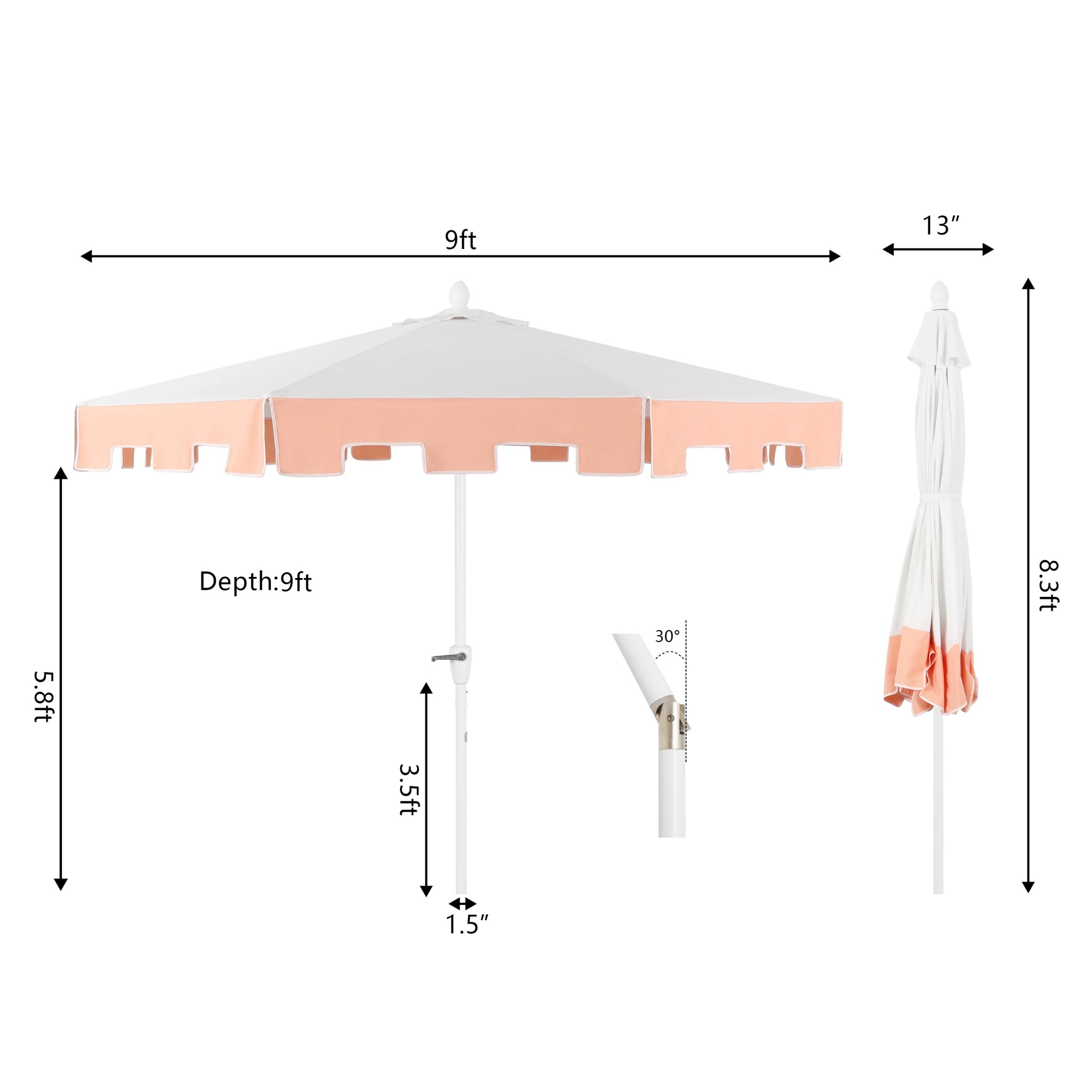 JONATHAN Y Baiona 9 ft. Market Patio Umbrella, Classic Mid-Century with UV Protection, Auto-Tilt, Crank and Wind Vent, White/Coral Pink - Image 4