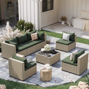 POTEBAN 7 Pieces Outdoor Patio Furniture Set, Grey Rattan Wicker Outdoor Conversation Sectional Sofa Set with Cushions for Backyard, Green