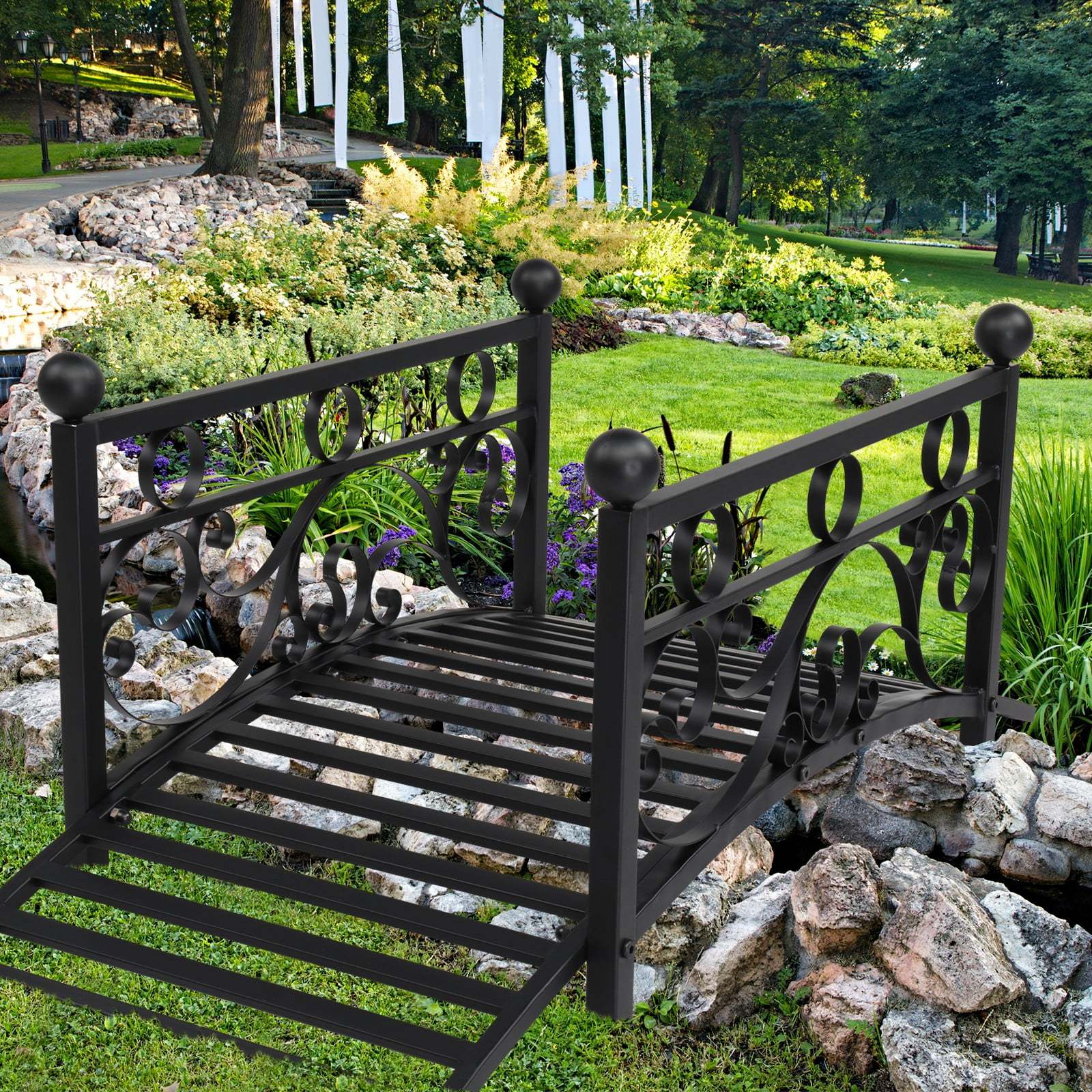 Garden Bridge, Metal Arch Backyard Garden Bridge Safety Siderails, Arch Path Bridge, Ourdoor Decorative Iron Foot Bridge for Pond and Backyard Landscaping (Black with Ball Flat Top), (47 x 26 x 28)" - Image 6