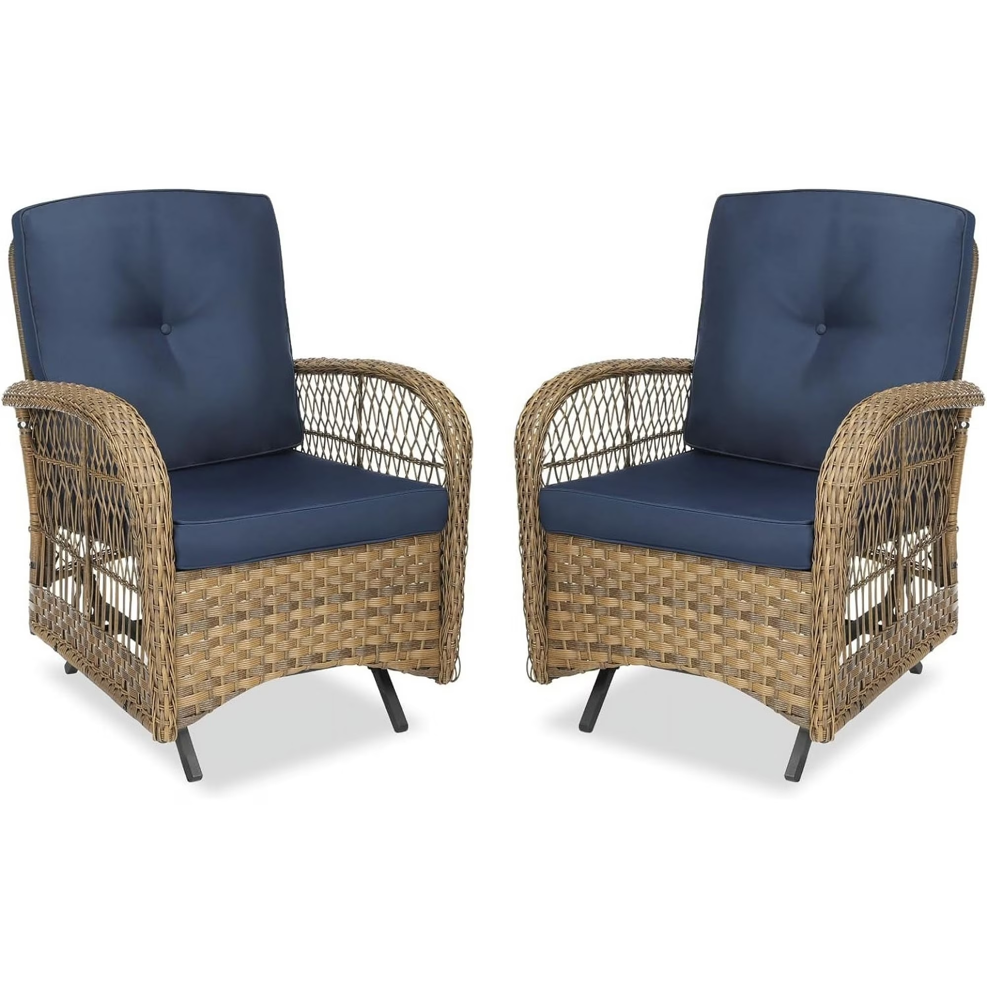 MEETWARM Patio Wicker Rocking Glider Set, All-Weather Outdoor Rattan Patio Rocking Chairs of 2, Patio Conversation Set with Thickened Cushions for Porch Garden & Backyard, Navy Blue