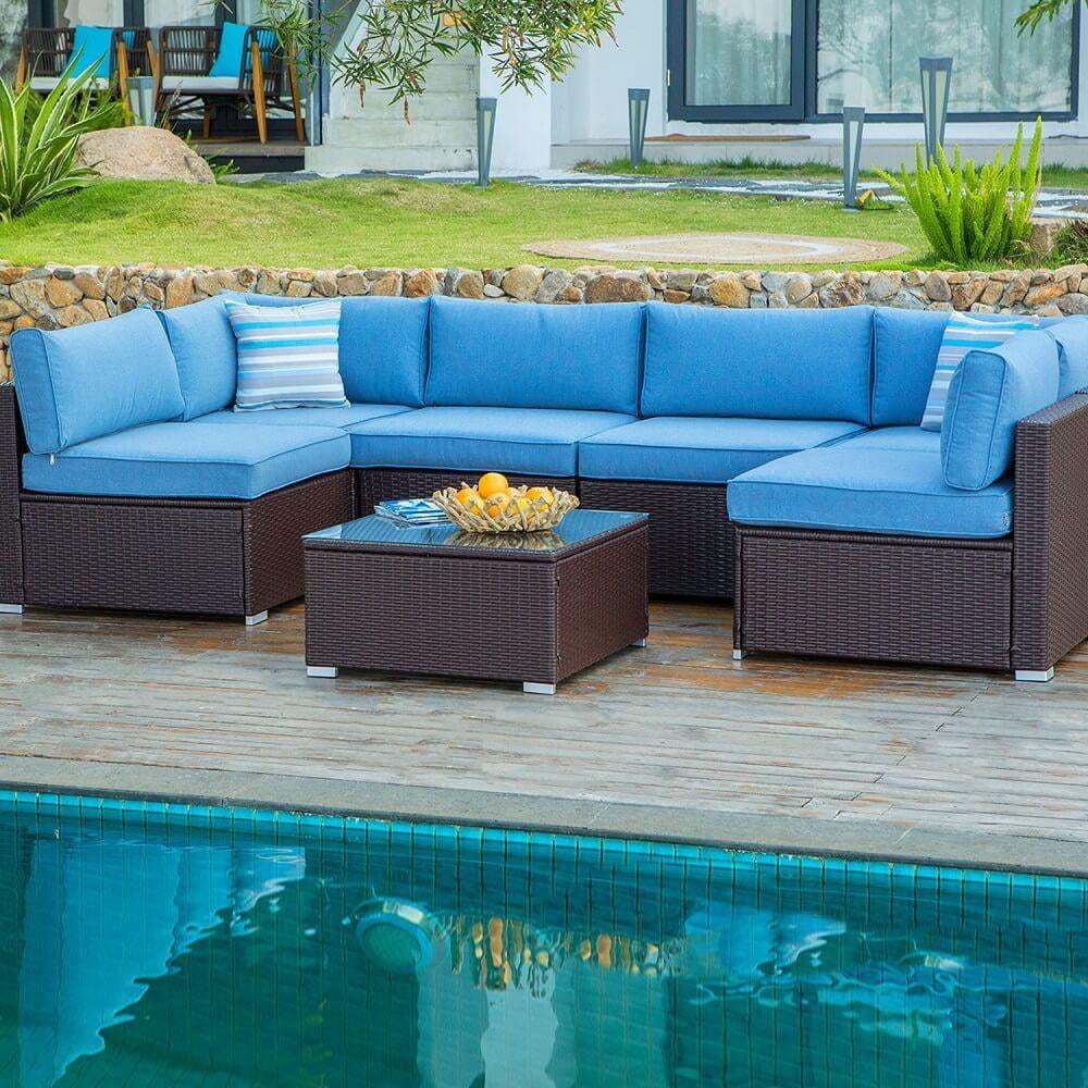 COSIEST 7-Piece 6-Seats Outdoor Brown Wicker Patio Sectional Sofa Set with Coffee Table - Image 9