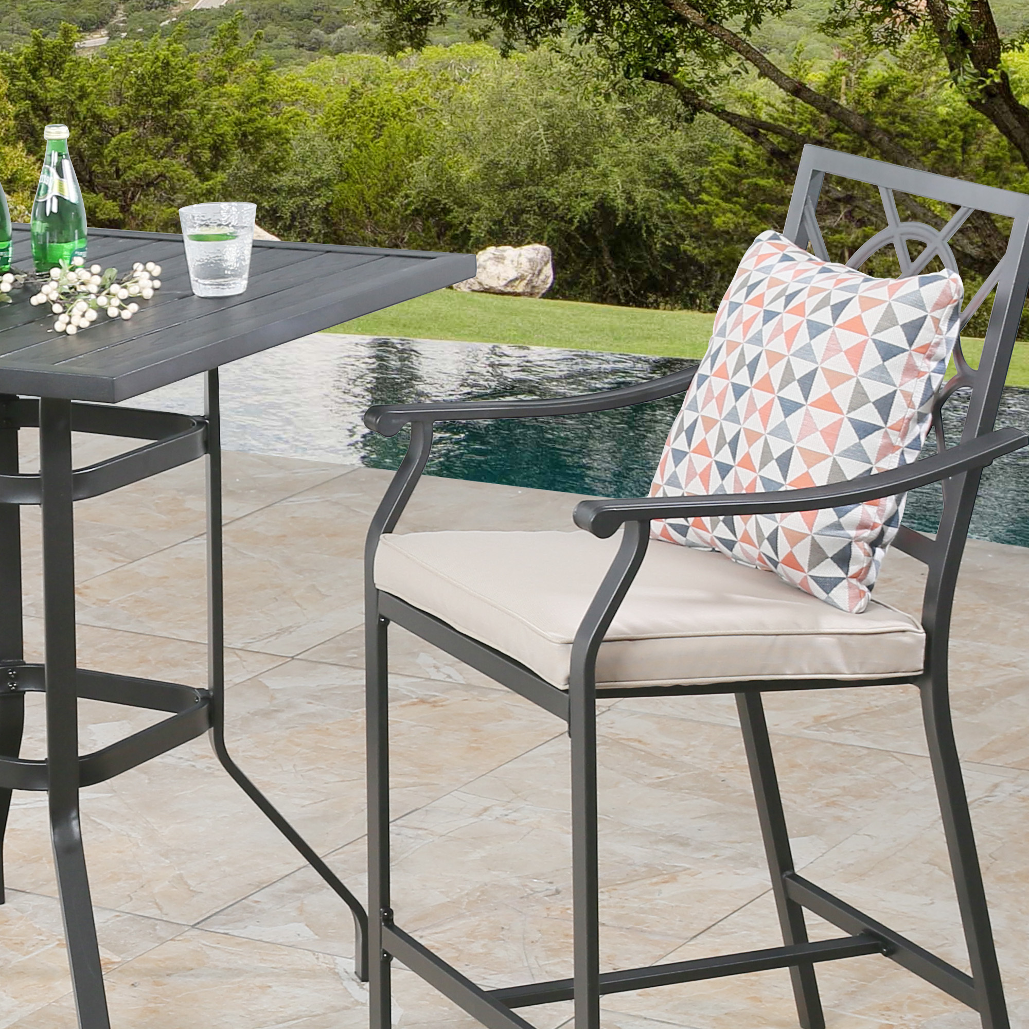 Ulax Furniture Outdoor Bar Stools Metal Patio Counter Height Bar Stool Chairs with Beige Cushion, Set of 2 - Image 6