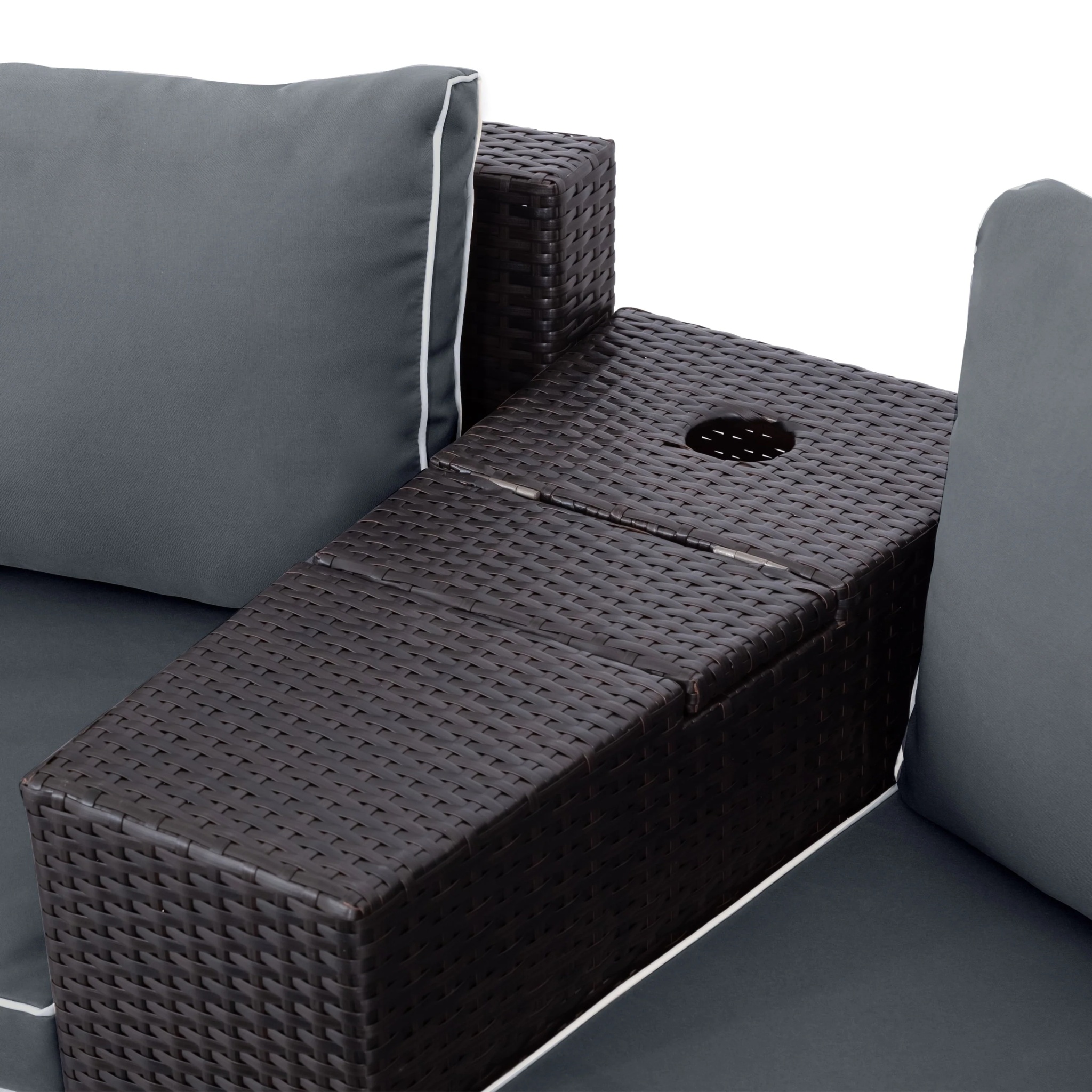 BTMWAY 6 Piece Outdoor Patio Sofa Furniture Set, BTMWAY PE Wicker Half Moon Outdoor Sectional Sofa Set with Side Table for Umbrella, Multifunctional Round Table, Gray Cushions, Pillows, Brown Rattan - Image 6