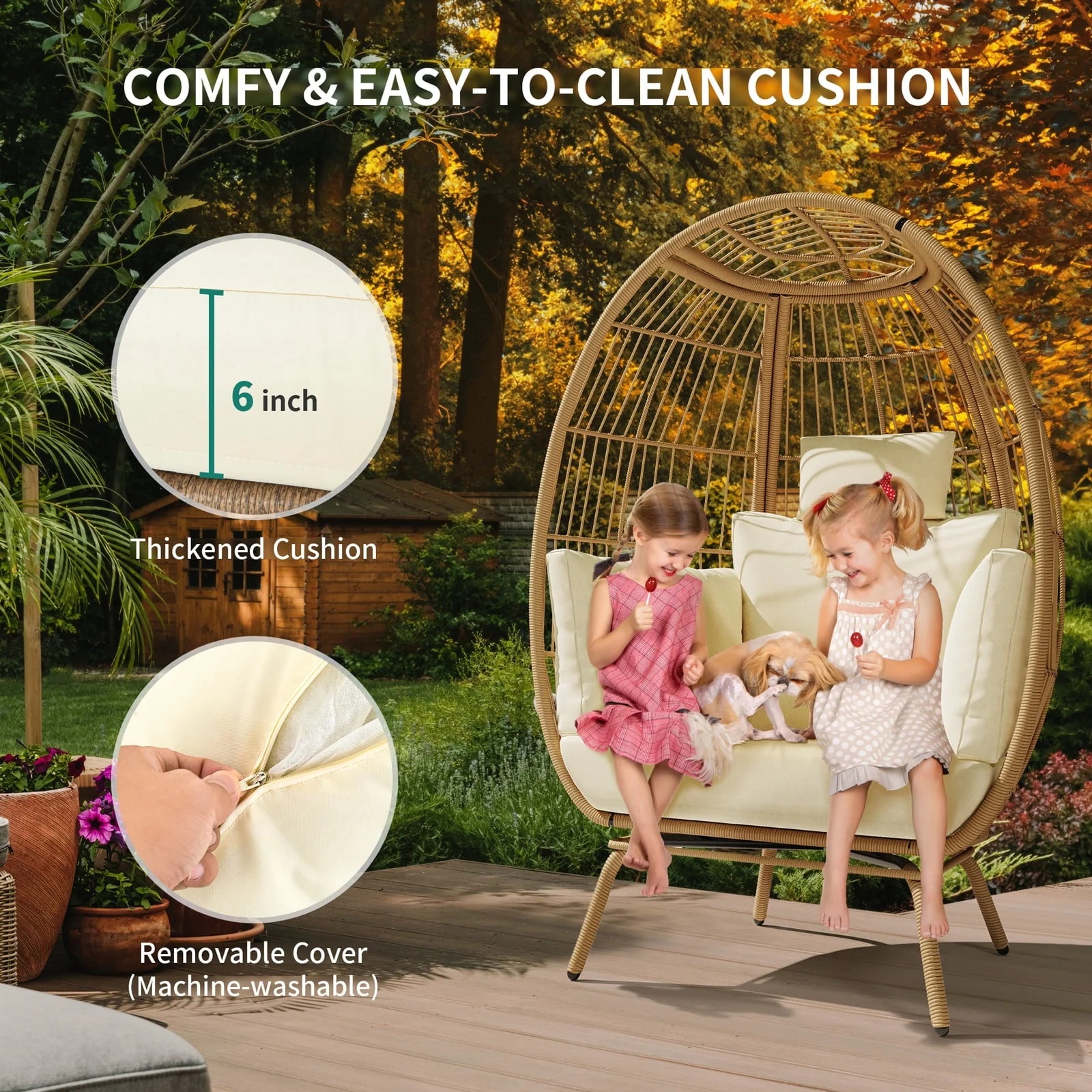 DWVO Wicker Egg Chair, Oversized Indoor Outdoor Lounger for Patio, Backyard, Living Room, Beige - Image 3