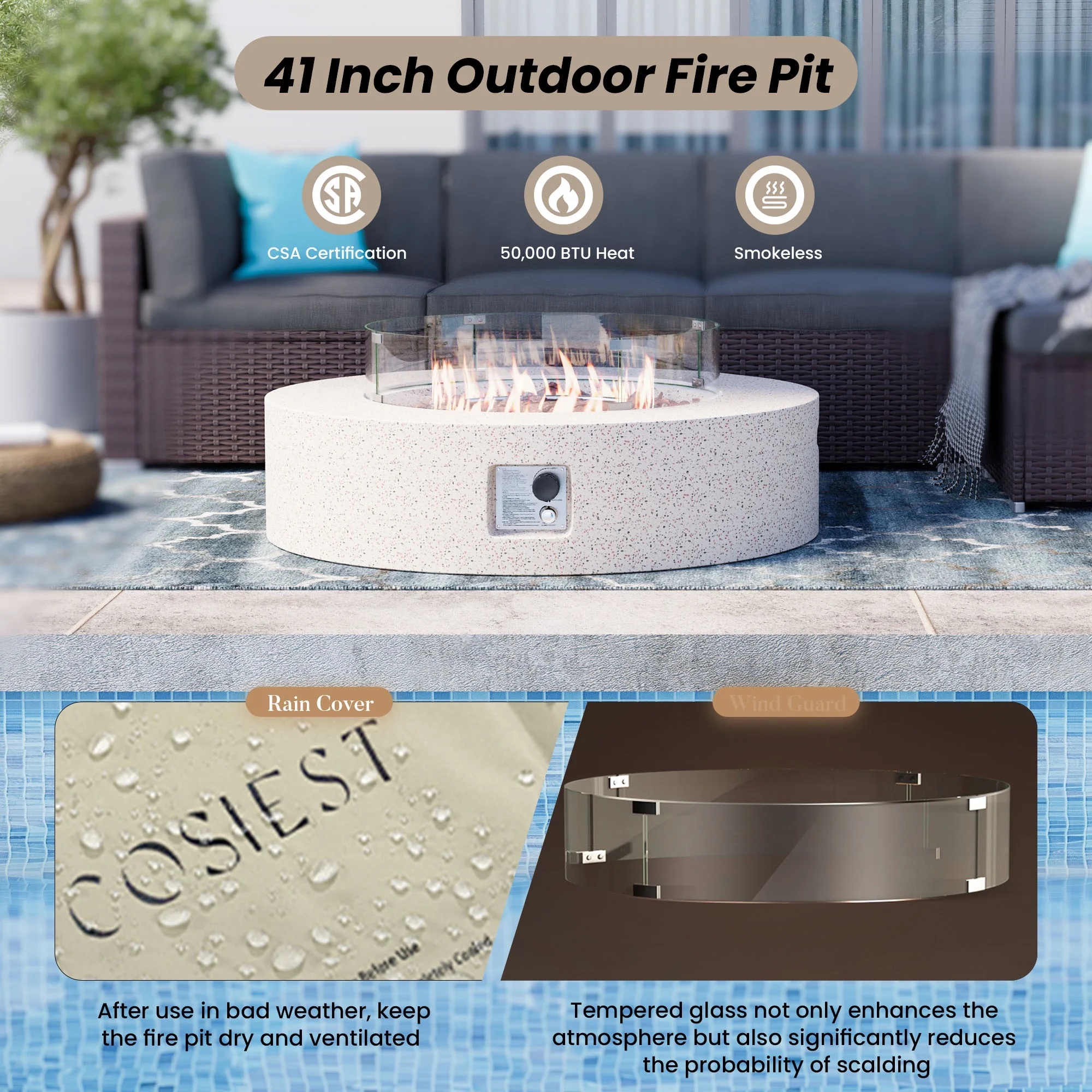 VENTOPYR 40.5-inch Outdoor Propane Fire Pit Coffee Table w Concrete Round Base Patio Heater, 50,000 BTU Stainless Steel Burner, Free Lava Rocks, Wind Guard, Rain Cover - Image 16