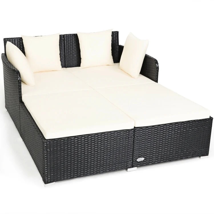 Veryke Outdoor Patio Wicker Daybed Double Chaise Lounge with Cushion, Recliner Chair for Patio Furniture - Beige - Image 2