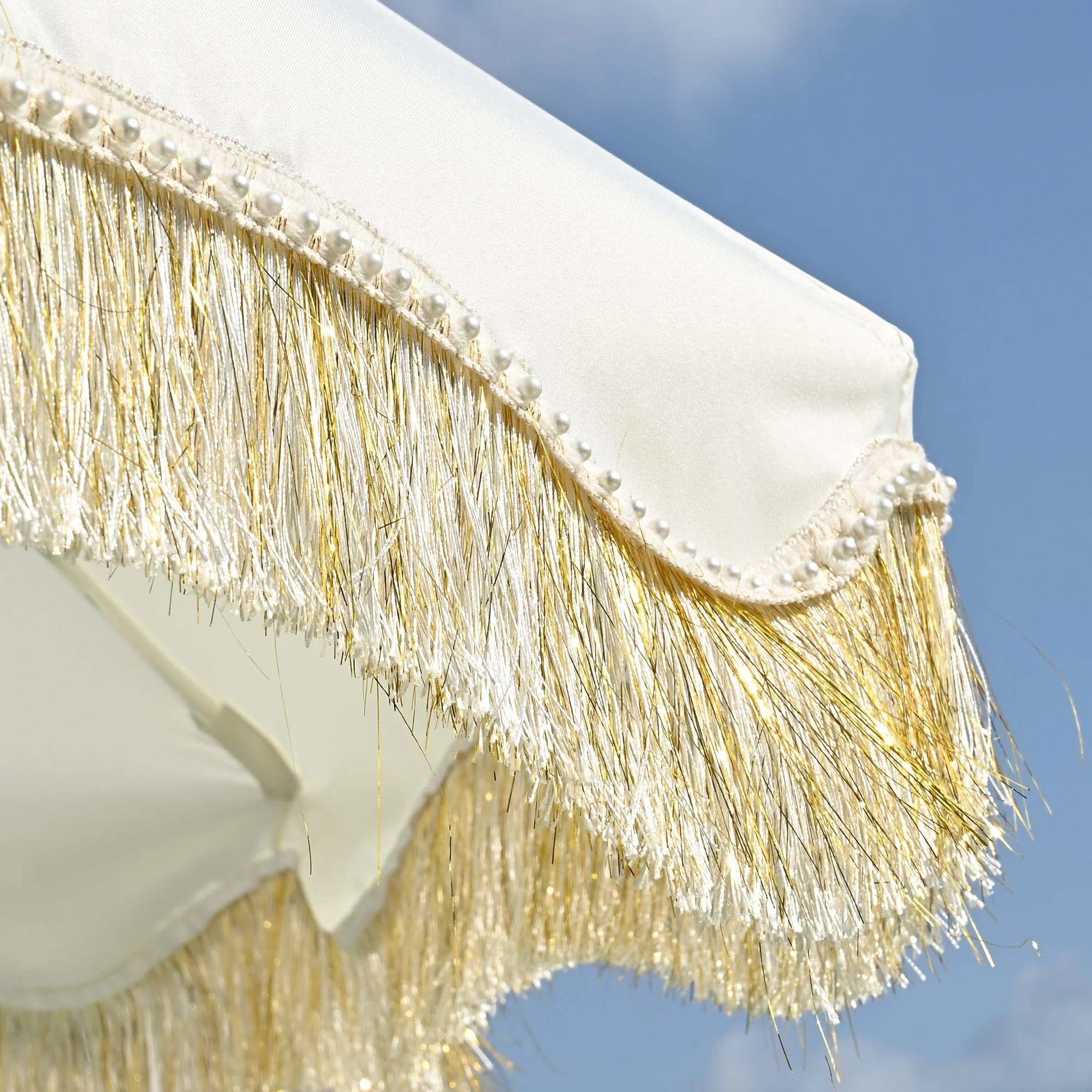 LAGarden 6 Ft Fringe Patio Umbrella with Tassel Jazz Age Wood UPF50+ for Outdoor, Beige with gold tassel,Model: JZ6-01 - Image 2
