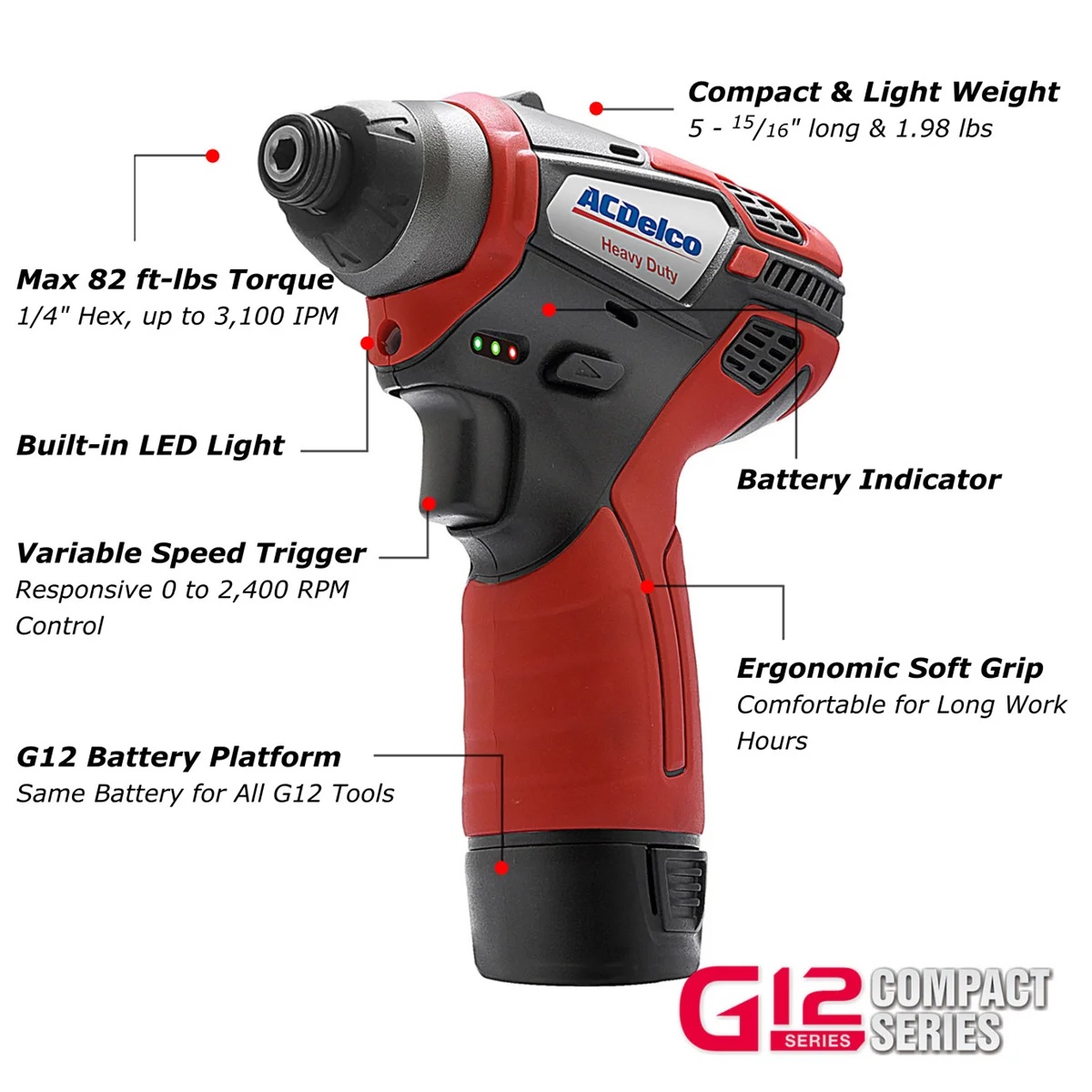 ACDelco ACDelco ARW12103-K2 G12 Series 12V Li-ion Cordless 3/8" Brushless Rachet Wrench & ?"? Impact Driver Combo Tool Kit with 2 Batteries - Image 7
