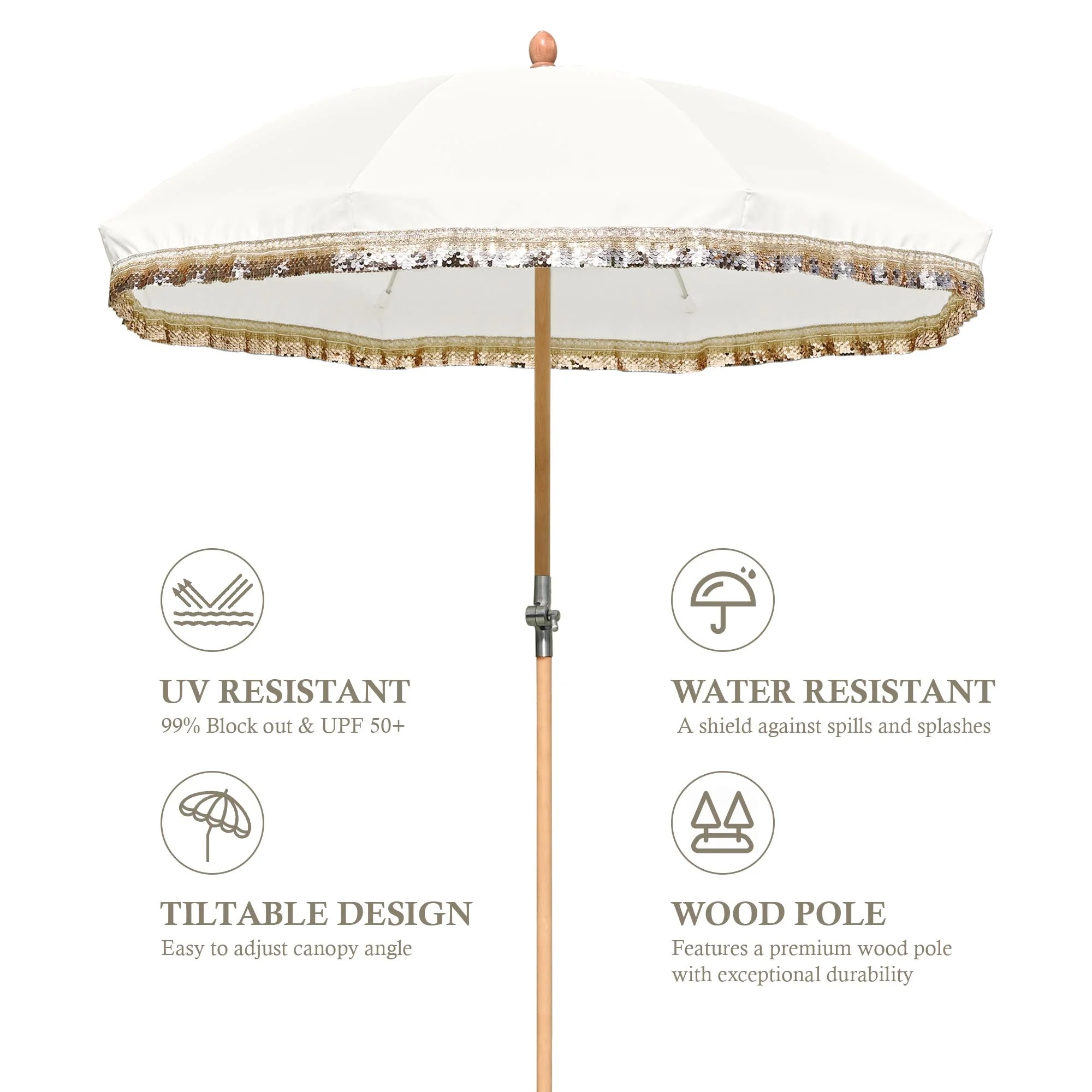 LAGarden 6 Ft Fringe Patio Umbrella with Tassel Jazz Age Wood UPF50+ for Outdoor, Beige with gold tassel,Model: JZ6-01 - Image 33