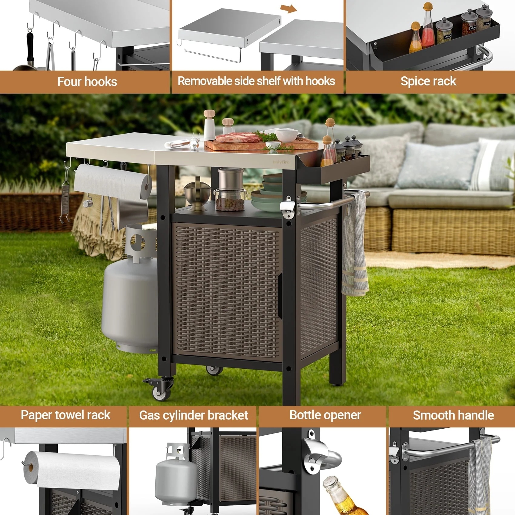 Only Fire Outdoor Grill Cart with Storage, Side Shelf & Wheels, Stainless Steel, 35"L×22"W×36"H - Image 5