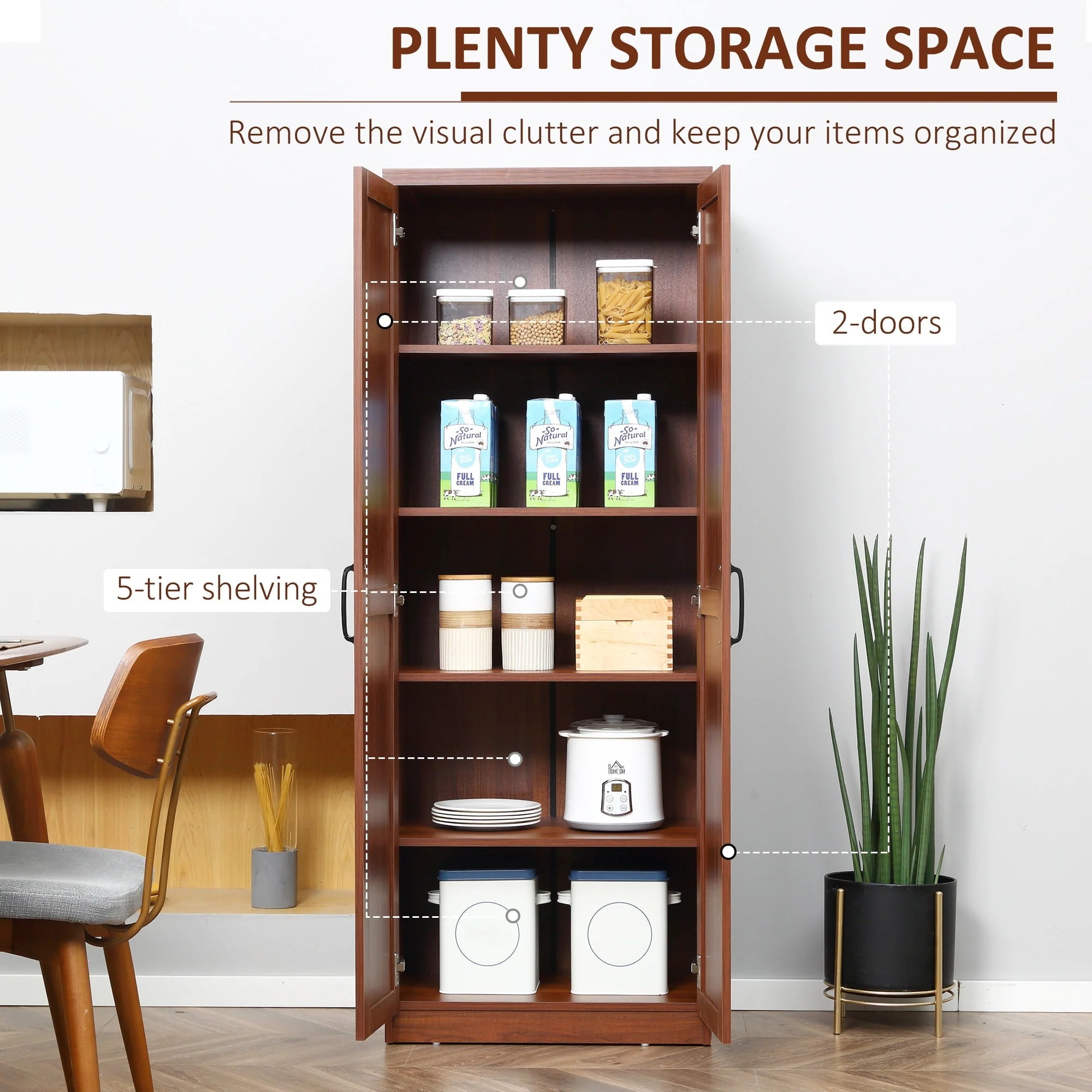 HomCom 2-Door Kitchen Pantry Cabinet Cupboard with 5-Tier Storage Shelves, Brown - Image 3