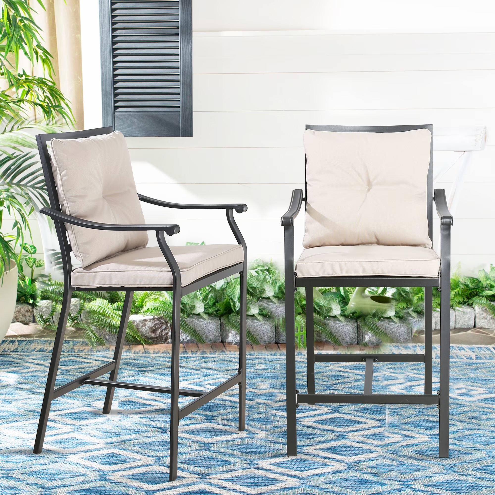 Ulax Furniture Outdoor Bar Stools Metal Patio Counter Height Bar Stool Chairs with Beige Cushion, Set of 2 - Image 3