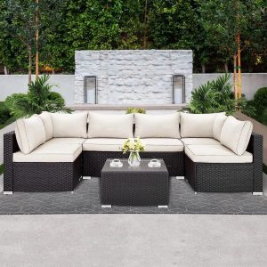 LAUSAINT HOME 7 Pieces Patio Conversation Set, Outdoor Sectional PE Rattan Wicker Furniture Seat (Beige)