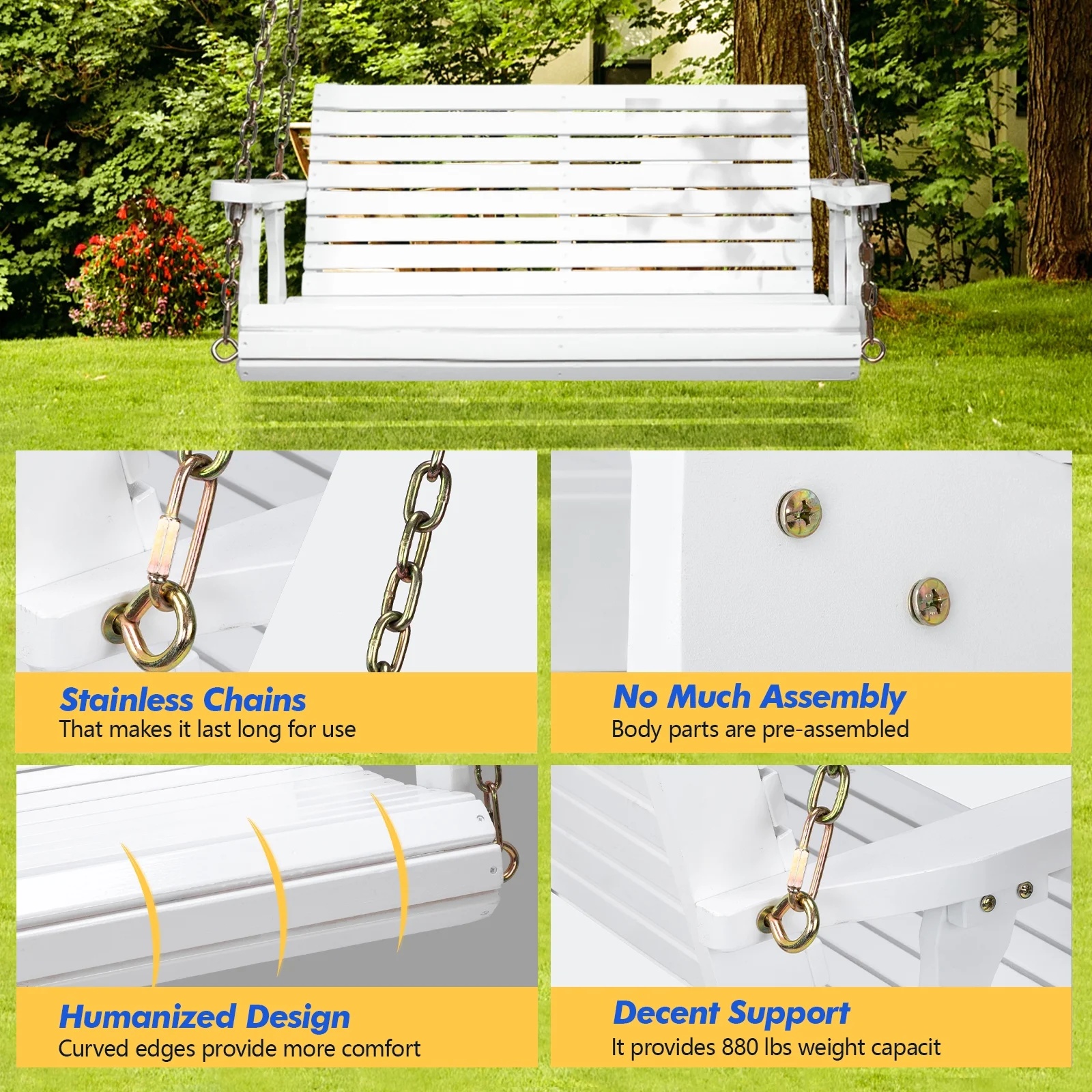 Ktaxon Patio Wooden Porch Swing for Courtyard & Garden, Heavy Duty 880 LBS Swing Chair Bench with Hanging Chains for Outdoors (White, 4 FT) - Image 12