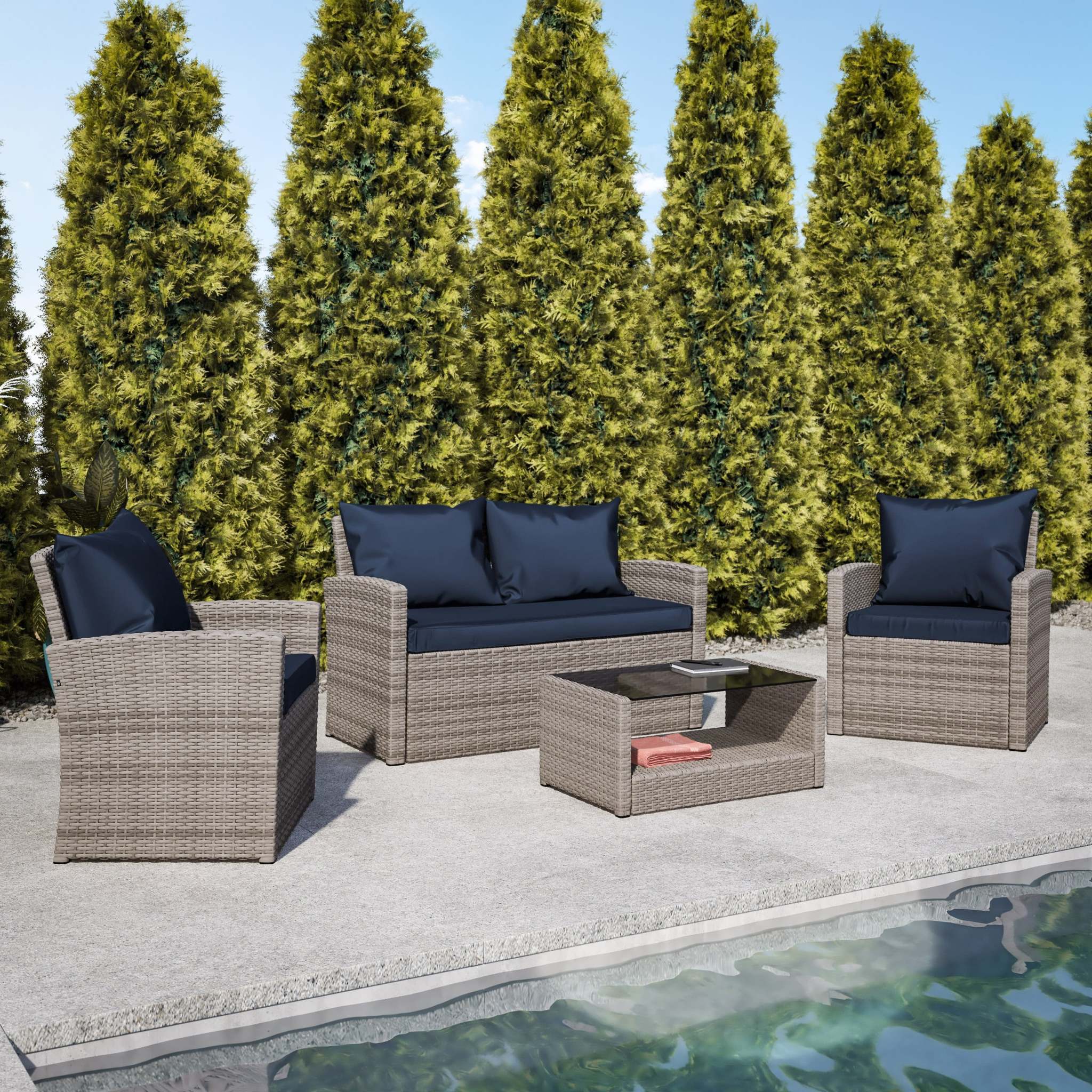 Flash Furniture Aransas Series 4 Piece Light Gray Patio Set with Navy Back Pillows and Seat Cushions - Image 2