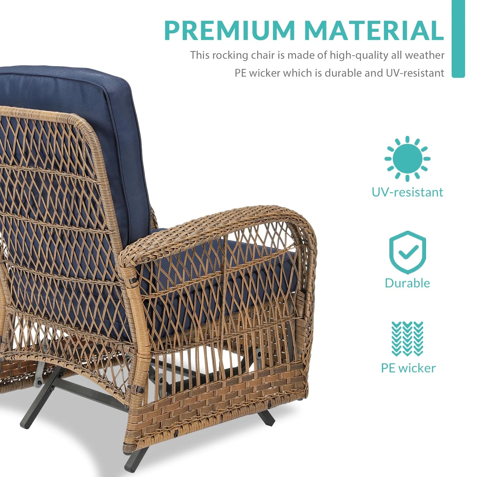MEETWARM Patio Wicker Rocking Glider Set, All-Weather Outdoor Rattan Patio Rocking Chairs of 2, Patio Conversation Set with Thickened Cushions for Porch Garden & Backyard, Navy Blue - Image 2