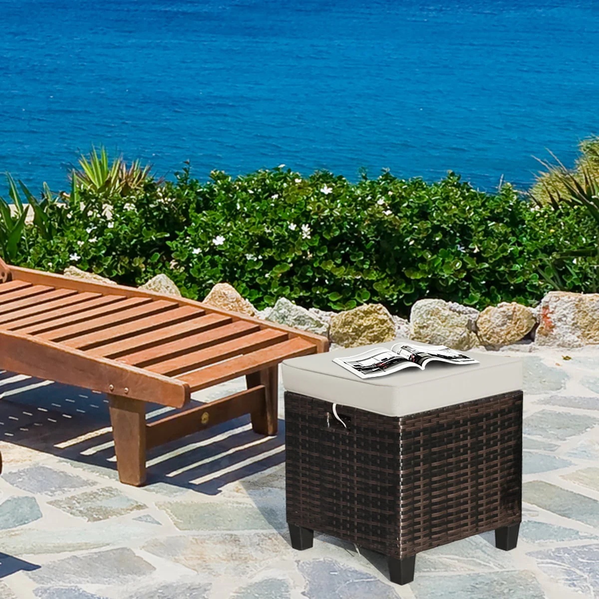 Gymax Set of 2 Patio Rattan Ottoman Footrest Garden Outdoor w/ Brown Cushion - Image 4