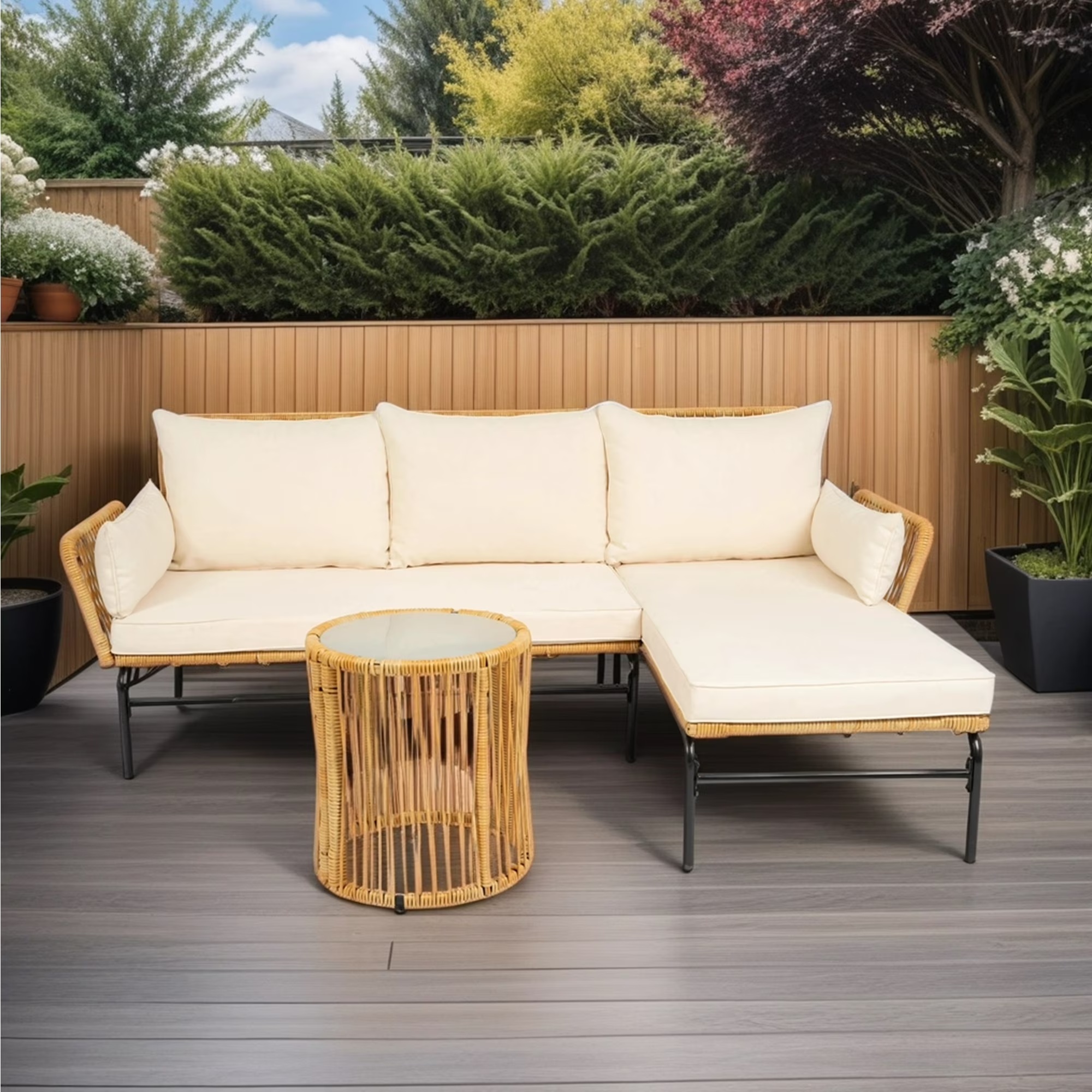 Outdoor Patio Furniture Set of 3, Rattan Wicker Outdoor Swivel Glider Rocker w/Table and Cushions, Brown - Image 3
