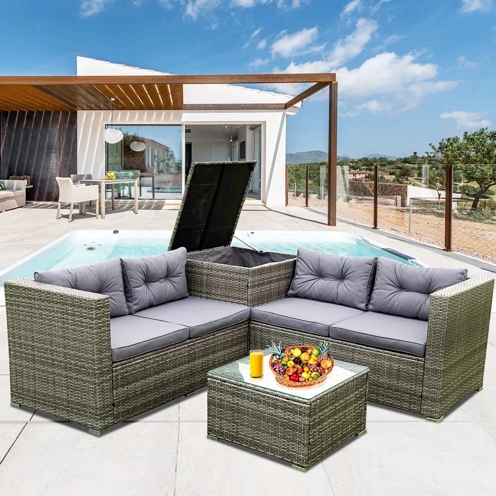 UHOMEPRO 4-Piece Rattan Patio Furniture Sets, All-Weather PE Wicker Patio Conversation Set with Storage Box, Glass Coffee Table, Outdoor Sectional Sofa Set for Backyard Patio Garden Poolside, Gray - Image 2
