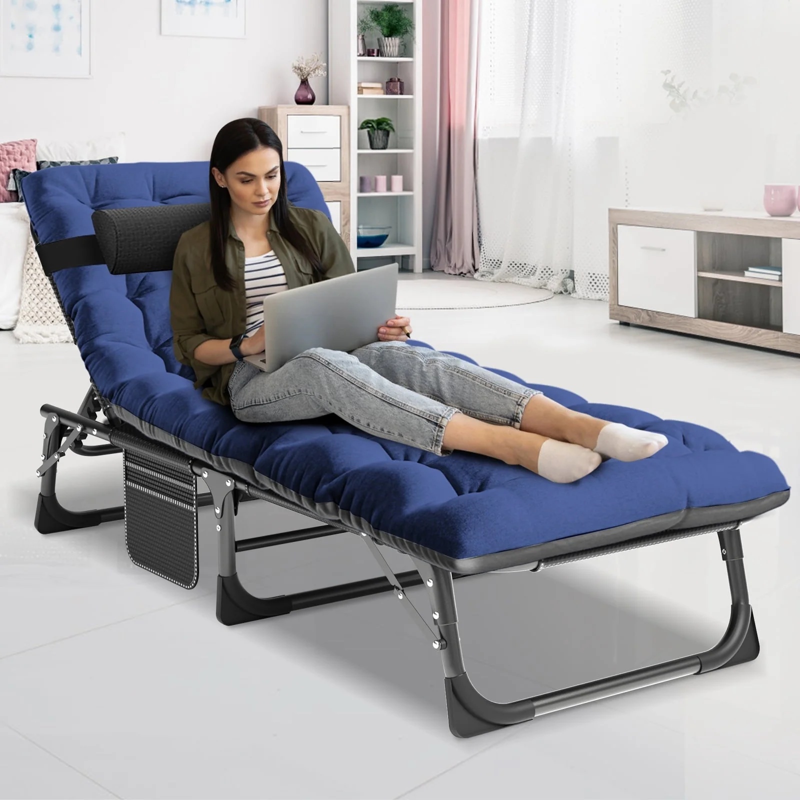 MOPHOTO Adult Camping Cot Adjustable 4-Position Folding Cot, Portable Heavy Duty Sleeping Bed, Outdoor Patio Folding Lounge Chair for Sunbathing - Image 2