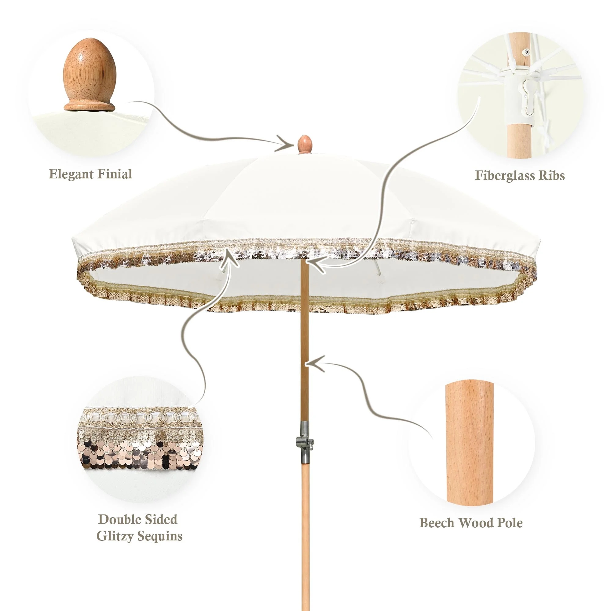 LAGarden 6 Ft Fringe Patio Umbrella with Tassel Jazz Age Wood UPF50+ for Outdoor, Beige with gold tassel,Model: JZ6-01 - Image 30