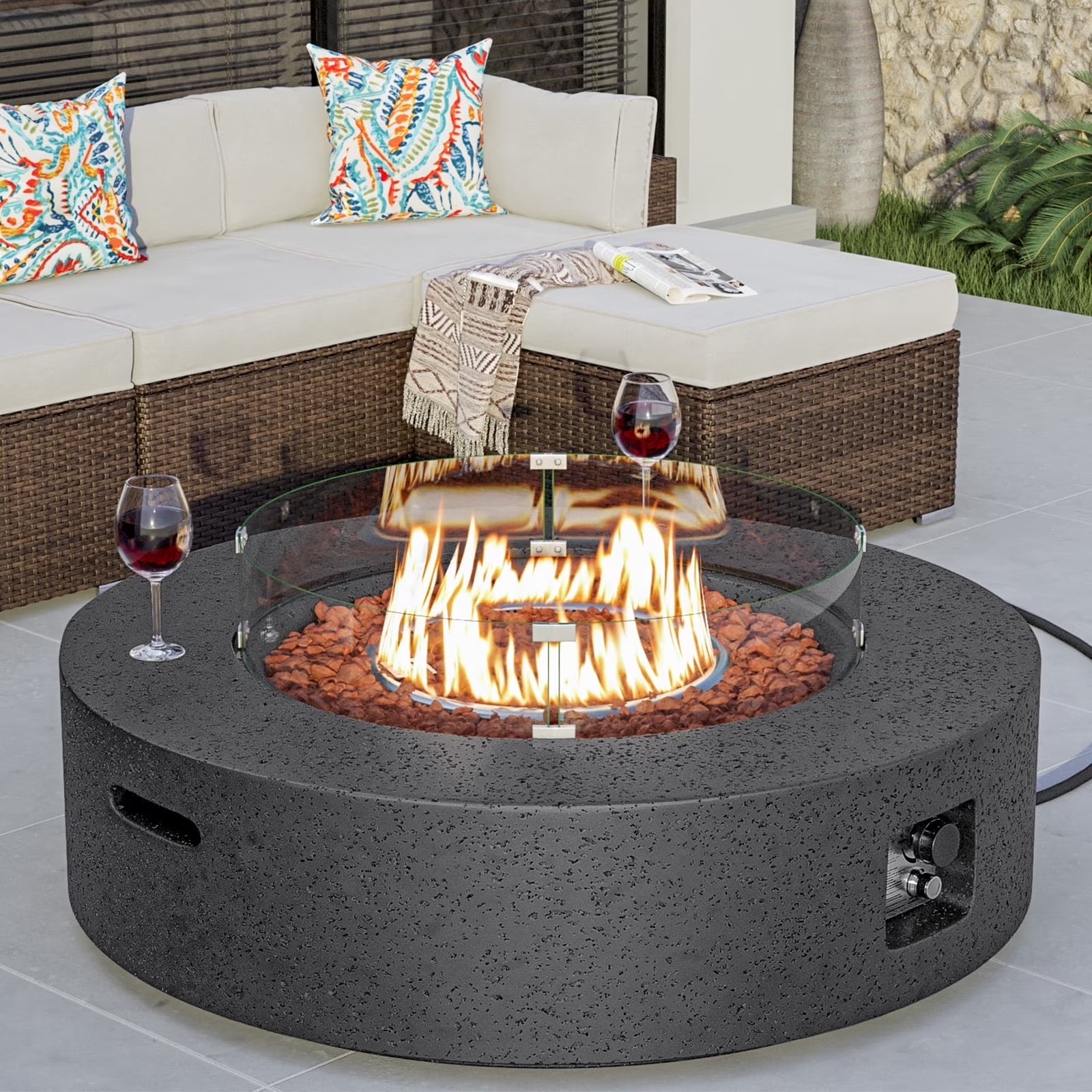 VENTOPYR 40.5-inch Outdoor Propane Fire Pit Coffee Table w Concrete Round Base Patio Heater, 50,000 BTU Stainless Steel Burner, Free Lava Rocks, Wind Guard, Rain Cover - Image 5