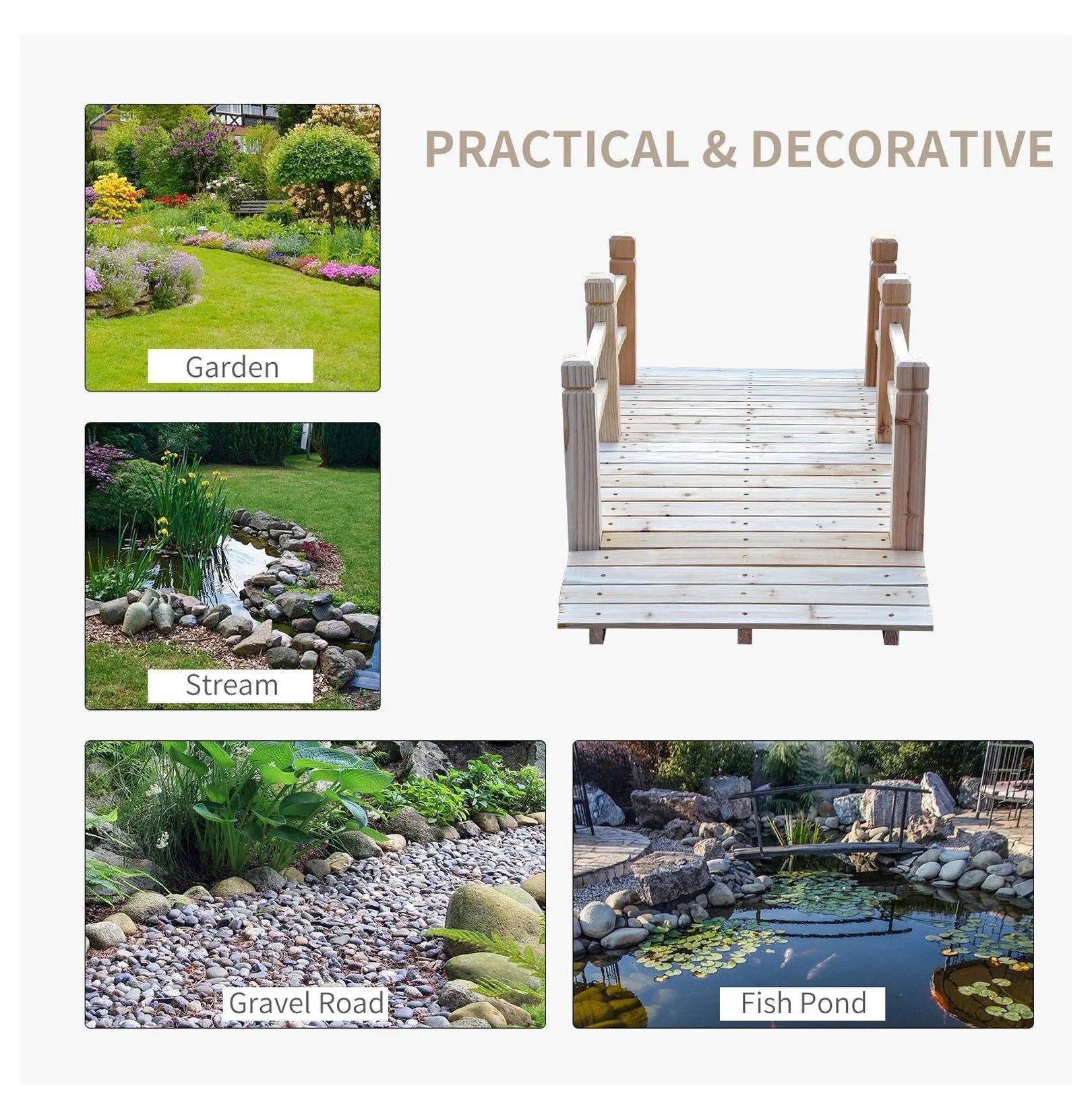 5 ft Wooden Garden Bridge Arc Footbridge with Railings - Natural Wood Backyard Decor - Image 5