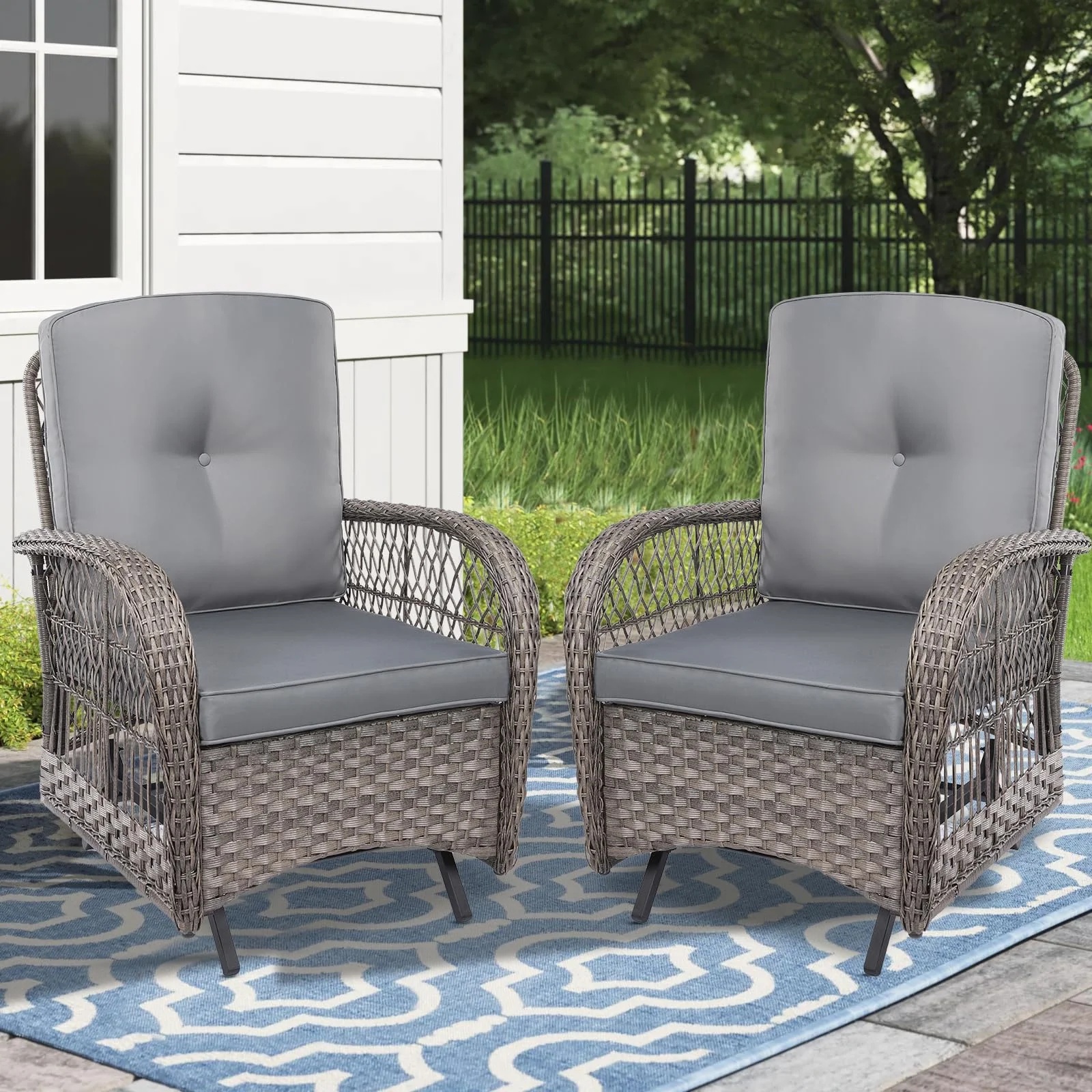 MEETWARM Patio Wicker Rocking Glider Set, All-Weather Outdoor Rattan Patio Rocking Chairs of 2, Patio Conversation Set with Thickened Cushions for Porch Garden & Backyard, Navy Blue - Image 21