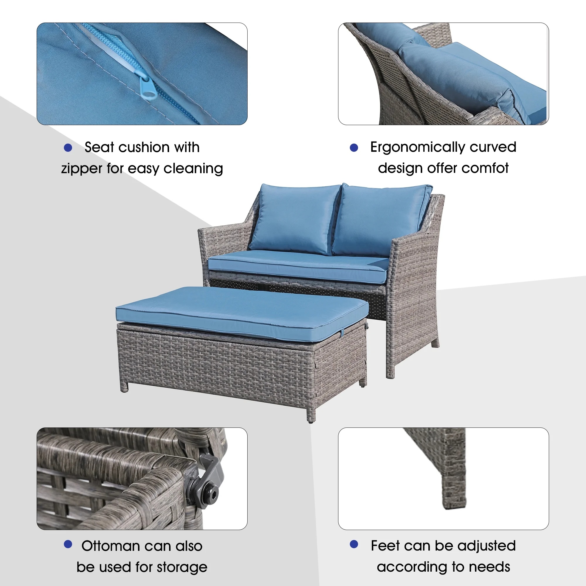 Outdoor Wicker Love Seat and Coffee Table Set, Weather Resistant Grey Rattan, Patio Furniture with Gray Cushions & Storage Bin - Image 10