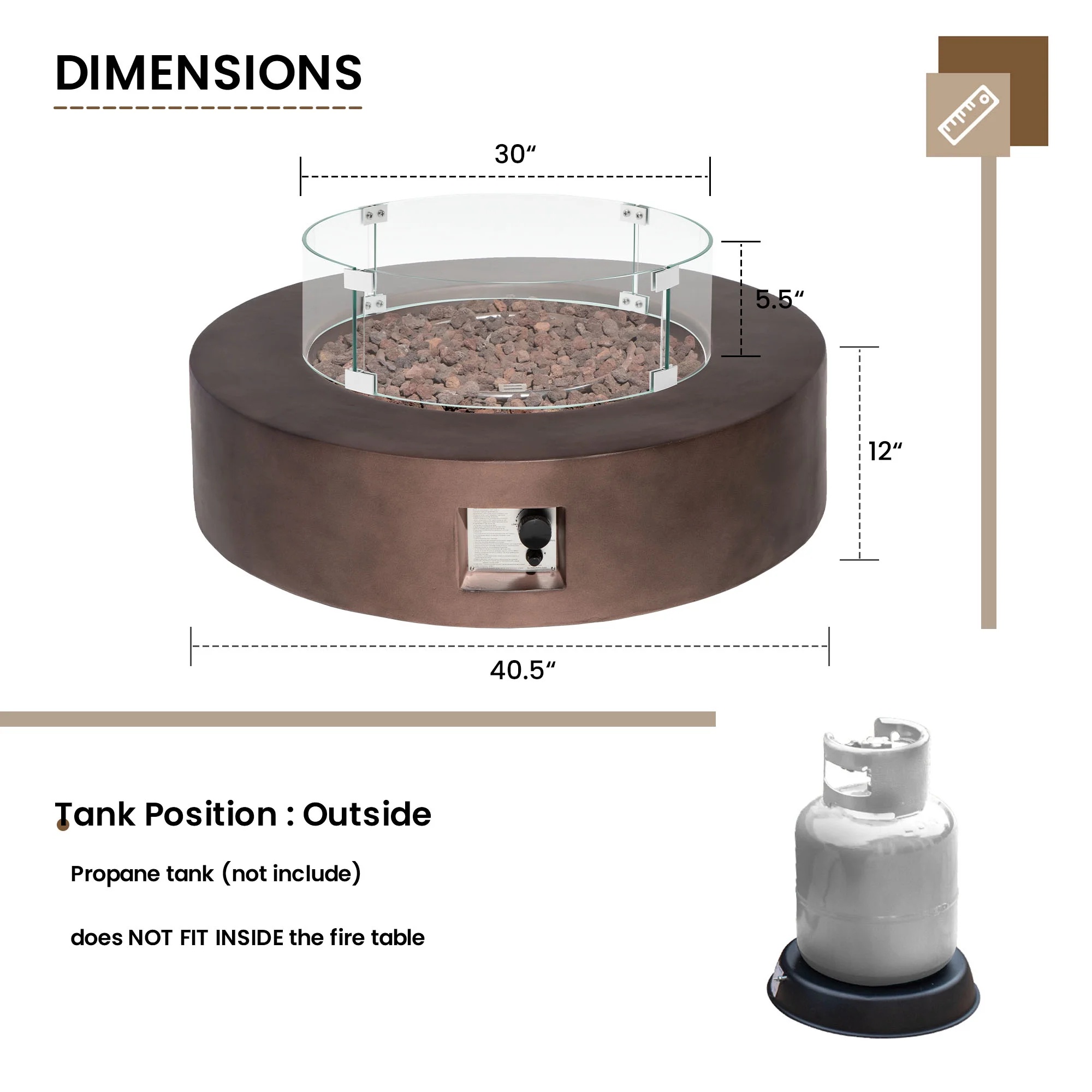 VENTOPYR 40.5-inch Outdoor Propane Fire Pit Coffee Table w Concrete Round Base Patio Heater, 50,000 BTU Stainless Steel Burner, Free Lava Rocks, Wind Guard, Rain Cover - Image 25
