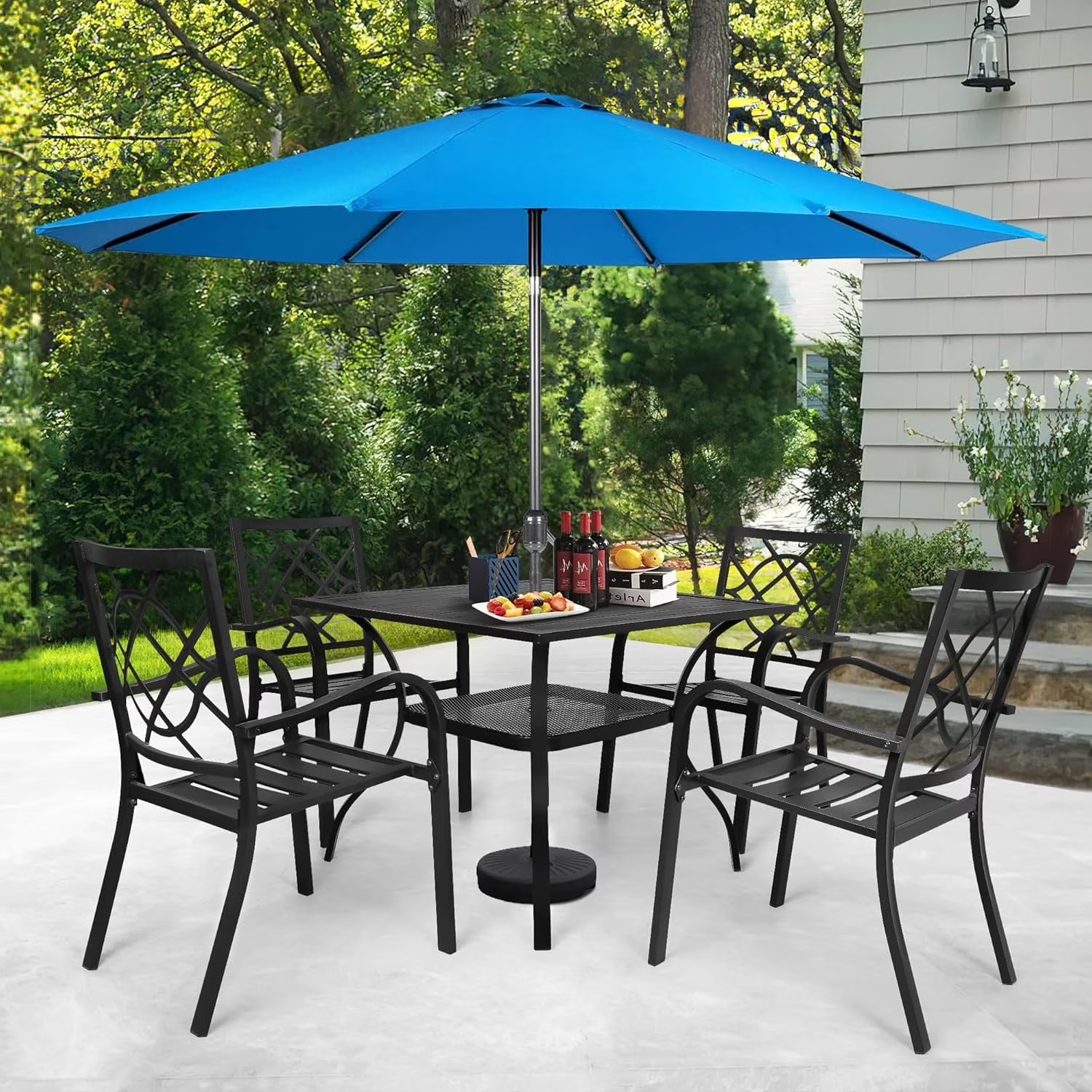 SUNCROWN 7-Piece Outdoor Wrought Iron Chairs and Table Patio Dining Furniture Set - 6 Stackable Metal Chairs, 1 Steel Slat Bistro Table and 1 Brown 9Ft Patio Umbrella for Garden Backyard Deck - Image 13