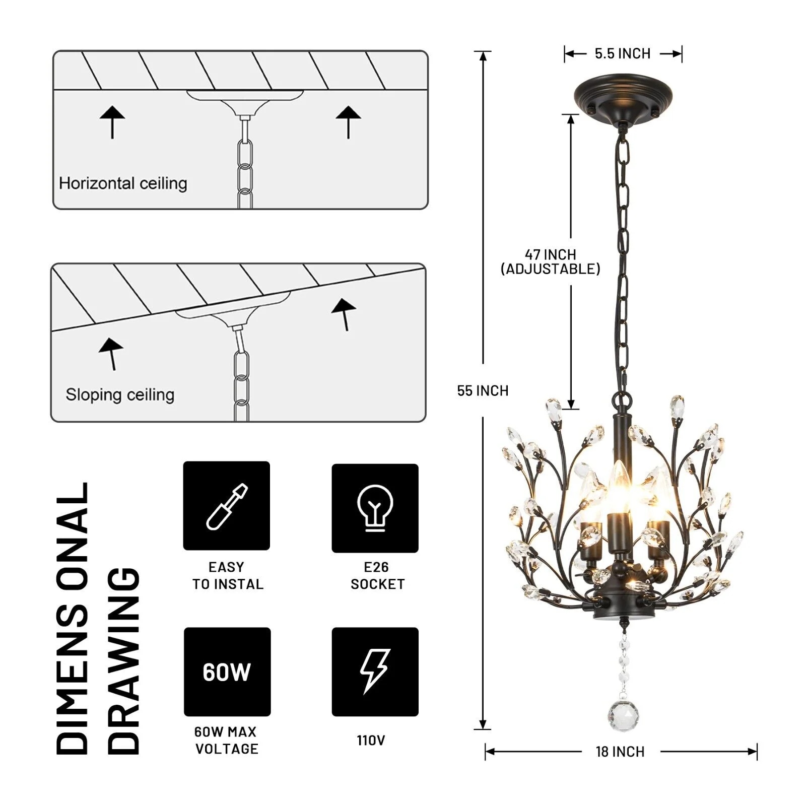 FINE MAKER 18-inch branch flower-shaped crystal chandelier, 3-head living room chandelier, bedroom study lighting fixture (black) - Image 4