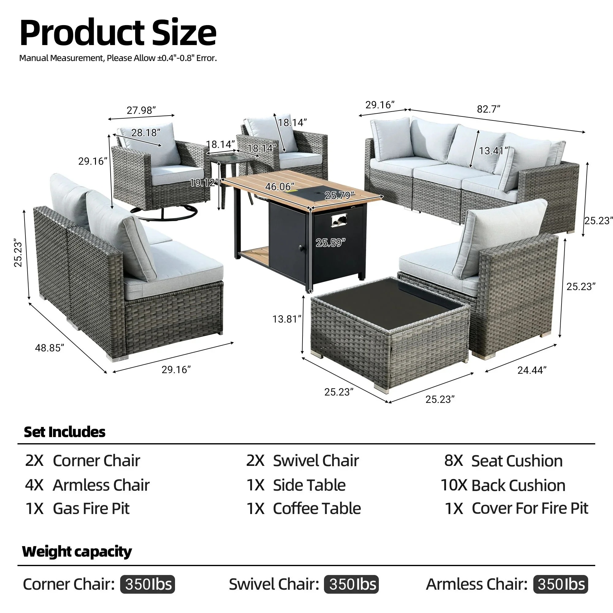 Vcatnet 11 Pieces Outdoor Patio Furniture Sets with Fire Pit Sectional Sofa All Weather Wicker Conversation Set with Swivel Glider Chairs, Black - Image 19