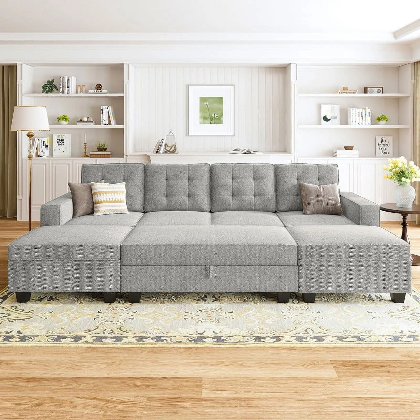 HONBAY Convertible Sectional Sleeper Sofa Bed Sets with Storage and Reversible Chaise, Light Grey