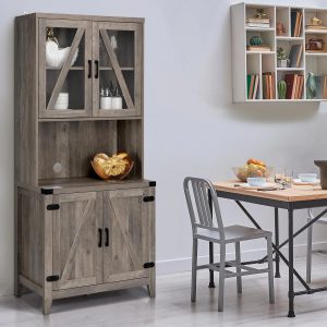 UBesGoo Freestanding Rustic Kitchen Buffet with Hutch, Pantry Storage Cabinet with Adjustable Shelf Grey Oak