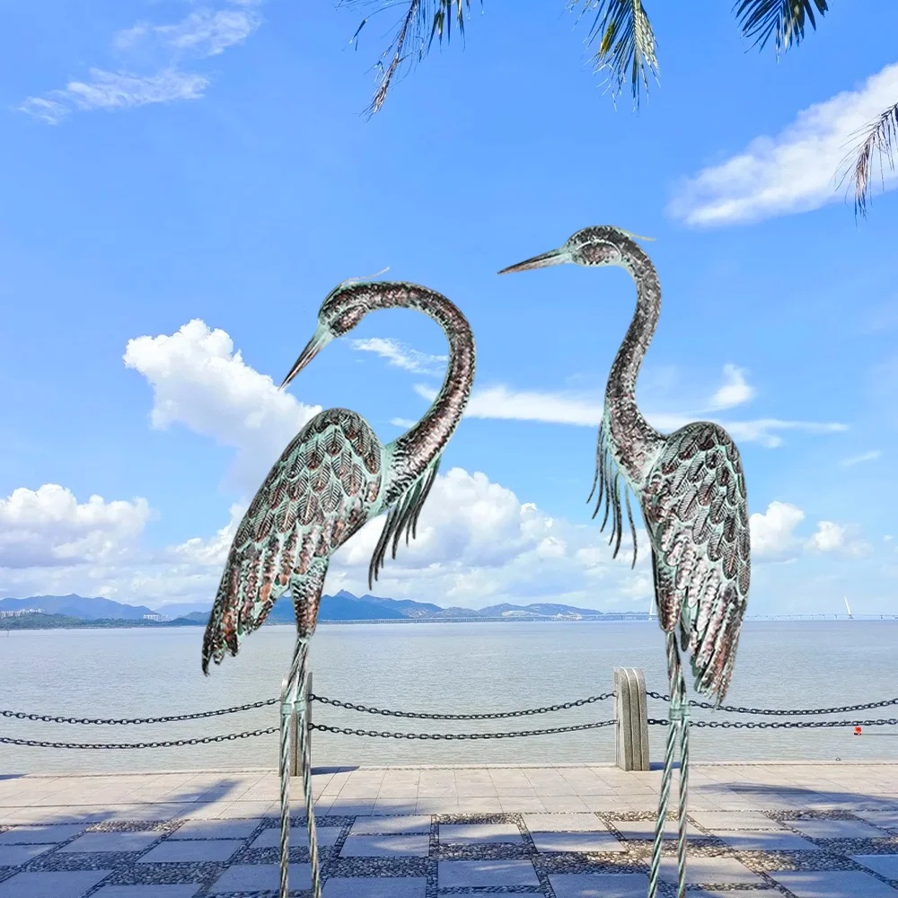 Garden Crane Statues, Standing Metal Patina Heron Decoy Outdoor Statue, 42-46 Inch Bird Yard Art for Patio Lawn Pond, Set of 2 - Image 6