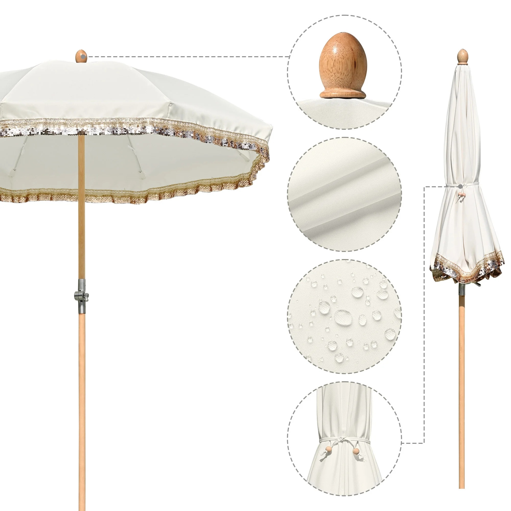 LAGarden 6 Ft Fringe Patio Umbrella with Tassel Jazz Age Wood UPF50+ for Outdoor, Beige with gold tassel,Model: JZ6-01 - Image 32