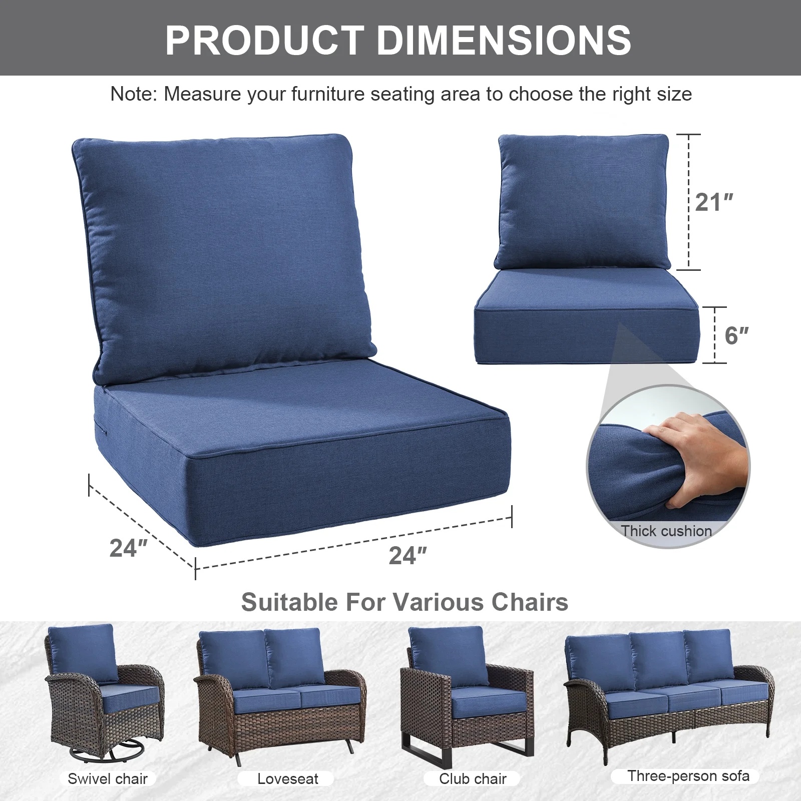 Terraloom 6 Inch Outdoor Cushions 24x24" - Water Resistant 2 Set Deep Seating Patio Chair Back&Seat Cushion for Wicker Rocking Swivel Chairs Loveseat Couch Sectional Sofa in Beige - Image 60