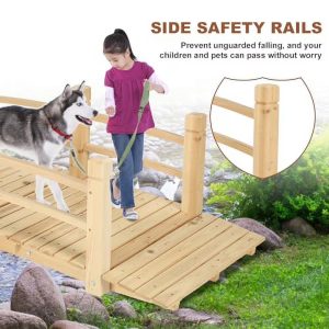 HOMEDIARY Fir Wood Garden Bridge, Outdoor Arc Footbridge Walkway with Double Safety Railings, Decorative Pond Bridge Landscaping w/550lbs Capacity for Backyard Farm Garden Creek Po
