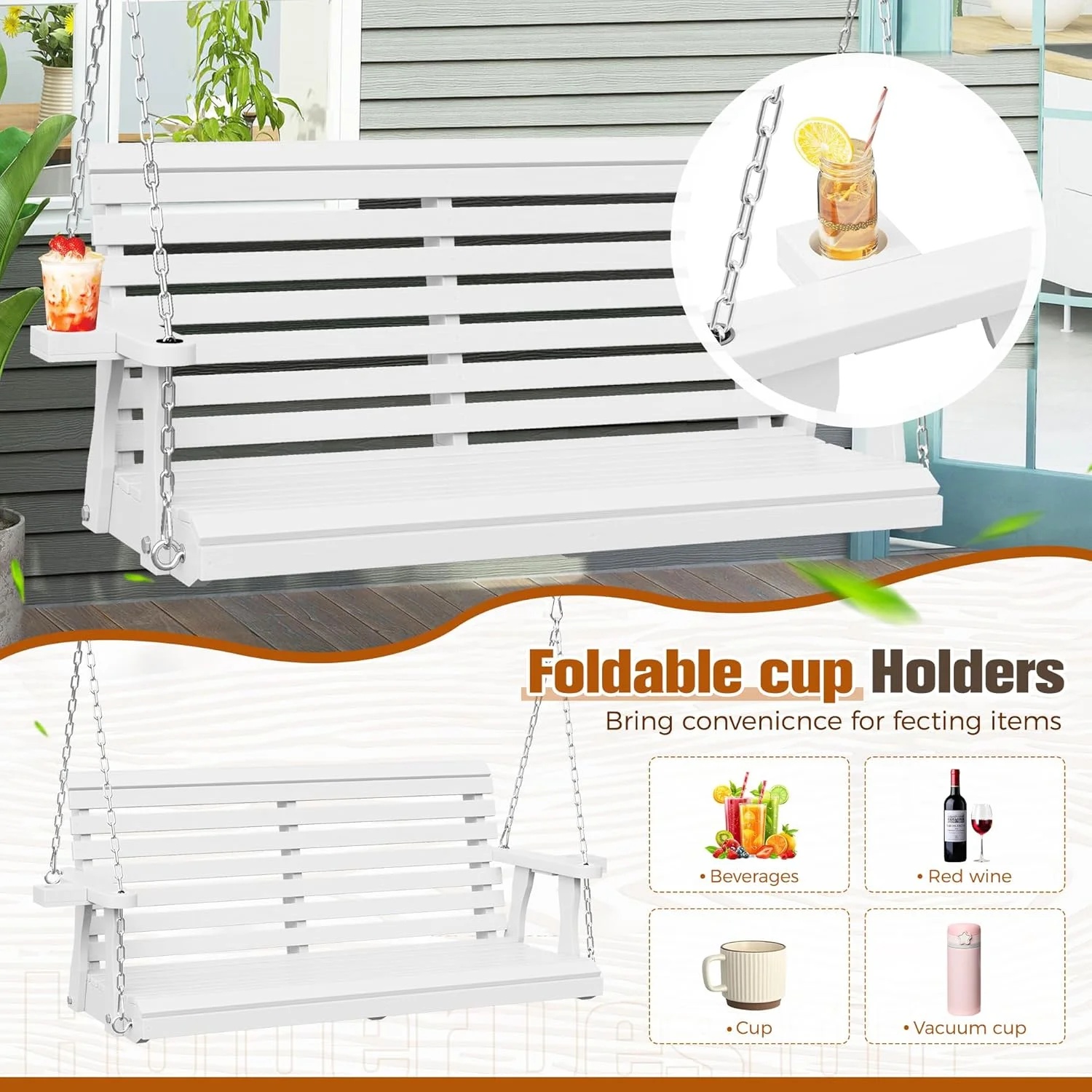 SOLAURA 2 Seat Outdoor Wooden Porch Swing with Cup Holders, Hanging Patio Swing with Hanging Chains, Swing Bench Chair for Backyard Garden Balcony, 440lbs Weight Capacity, Brown - Image 12