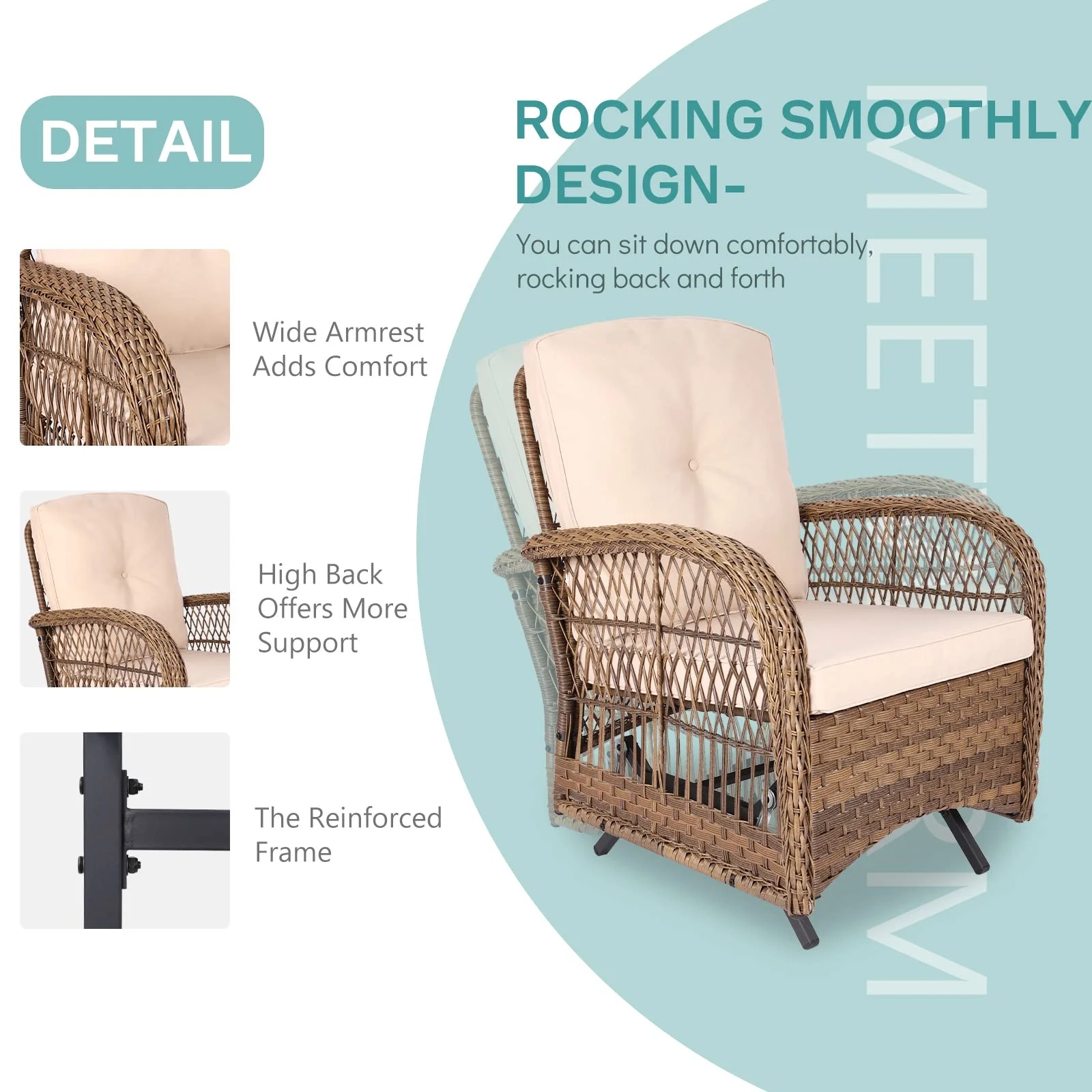 MEETWARM Patio Wicker Rocking Glider Set, All-Weather Outdoor Rattan Patio Rocking Chairs of 2, Patio Conversation Set with Thickened Cushions for Porch Garden & Backyard, Navy Blue - Image 10