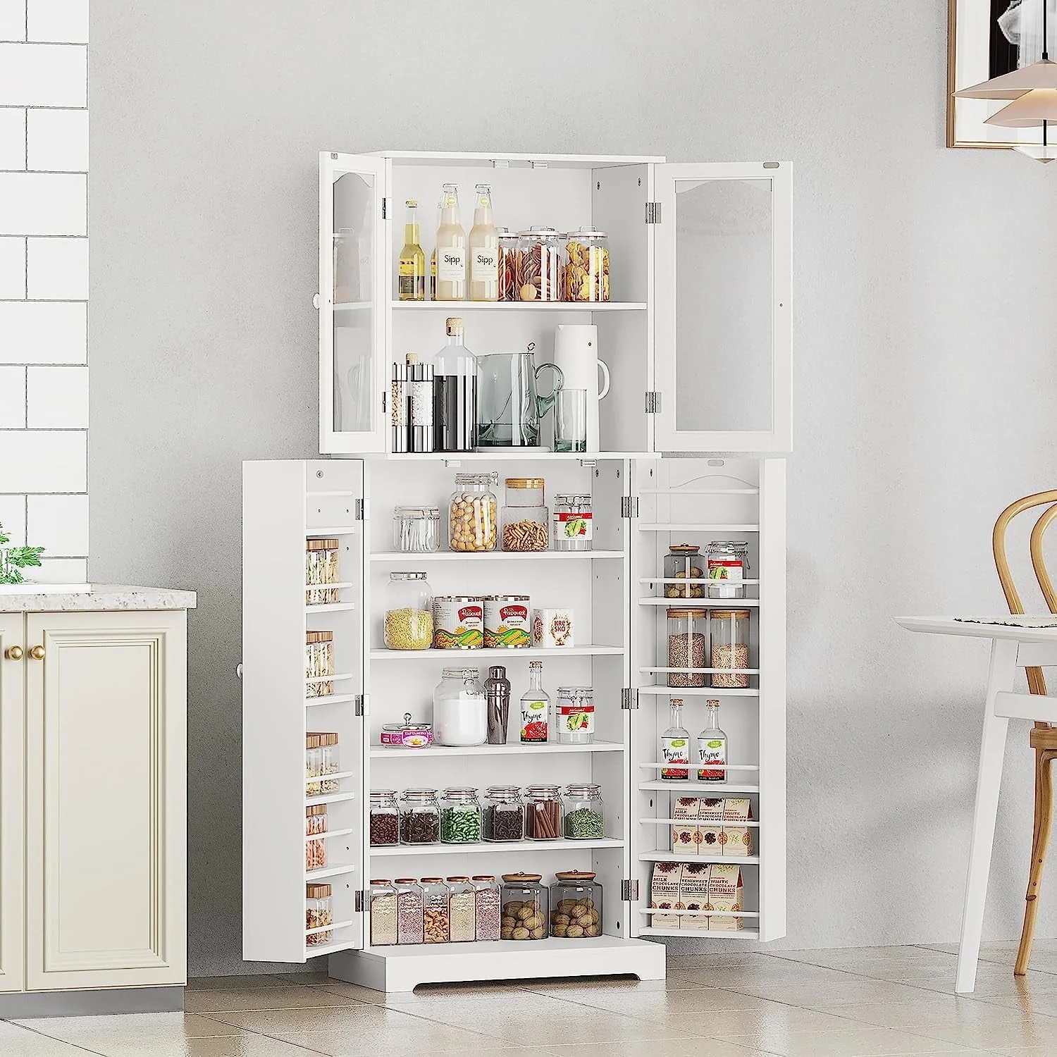 HOMEFORT 64" Kitchen Pantry Cabinet, Modern Tall Cabinet with MDF board and Adjustable Shelves, Freestanding Utility Storage Cabinet Cupboard for Kitchen, Living Room, Dining Room, White - Image 2