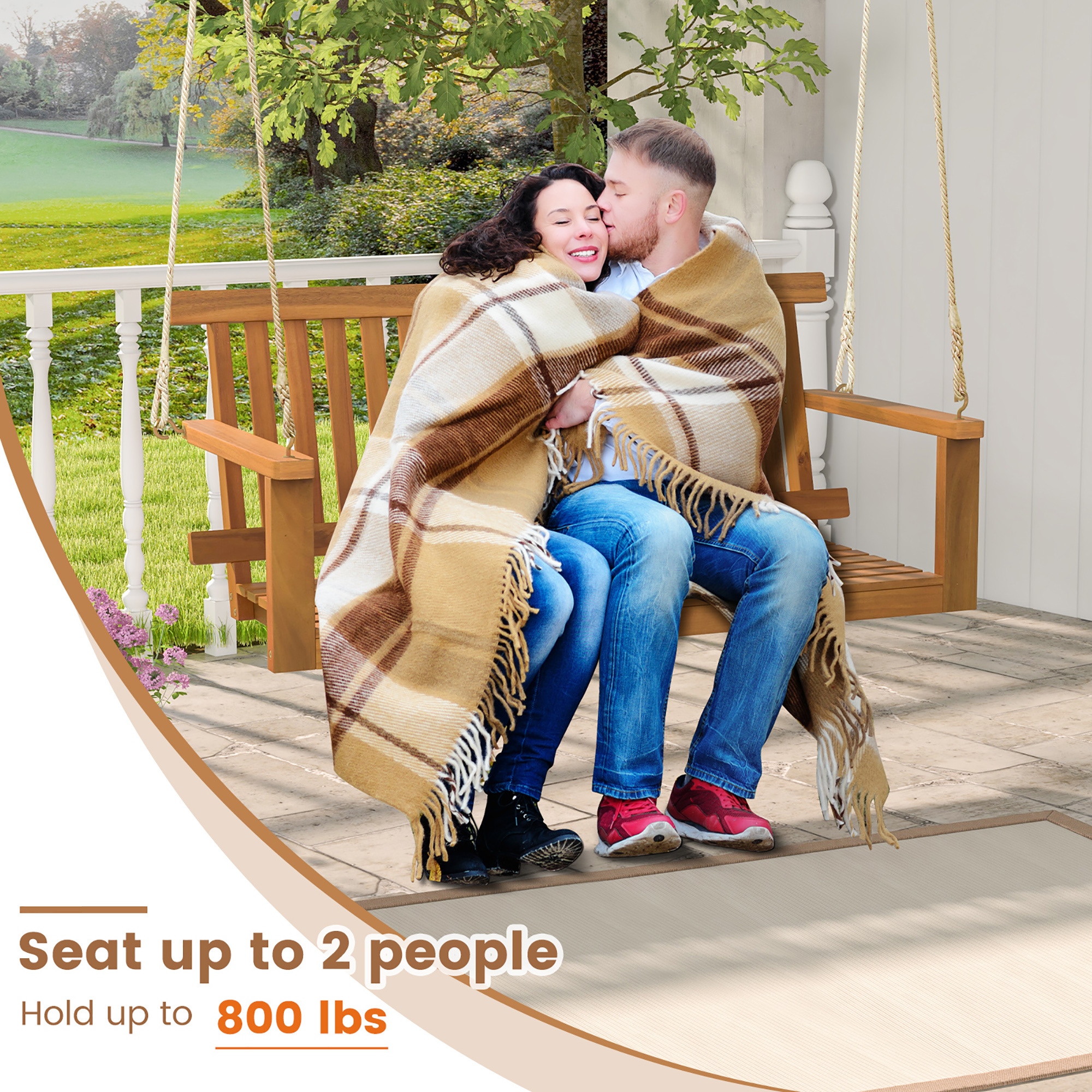 Gymax 2-Person Acacia Wood Outdoor Porch Swing Patio Hanging Bench Chair Natural - Image 5