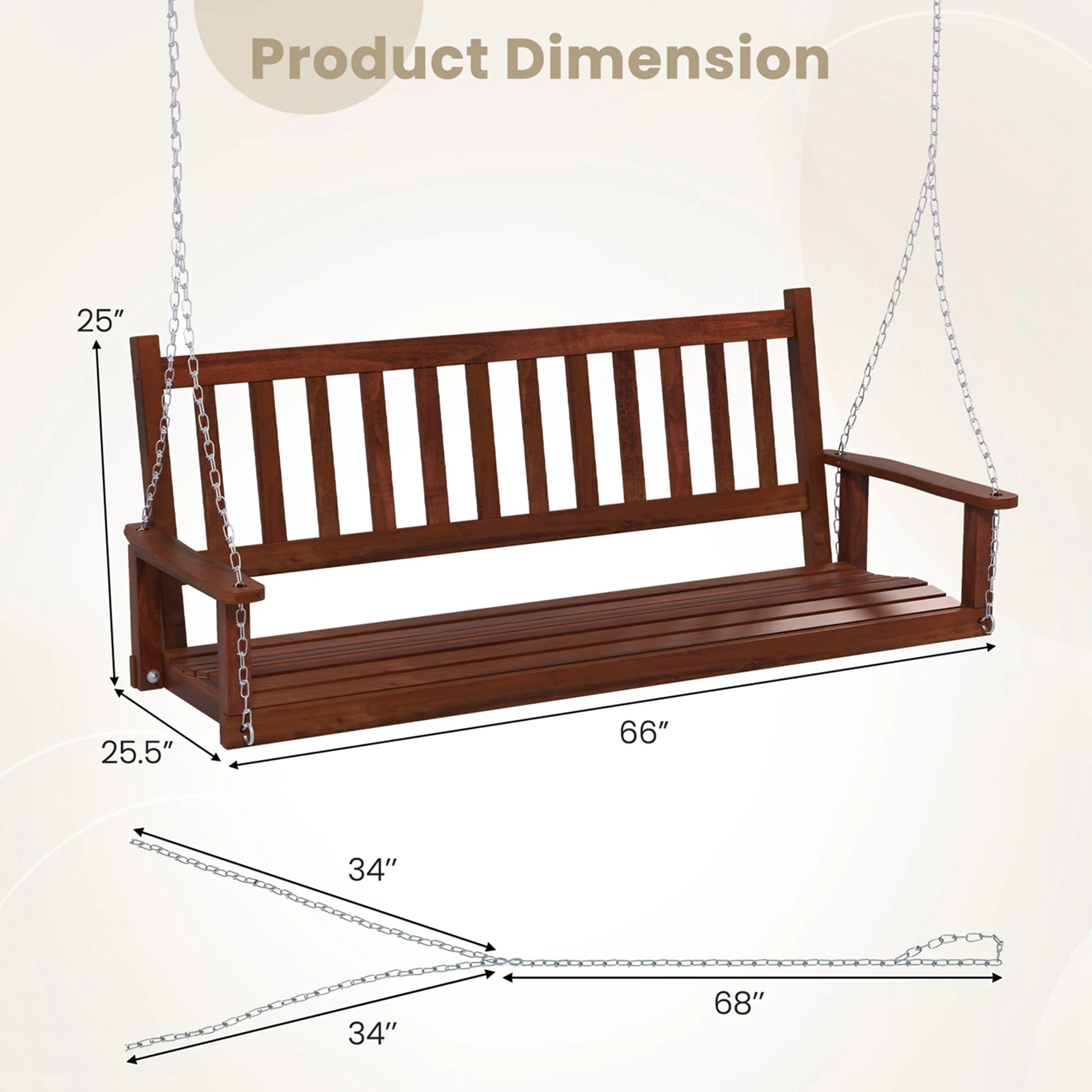 Costway 3-Person Wooden Outdoor Porch Swing Heavy Duty Patio Hanging Bench Chair White - Image 14