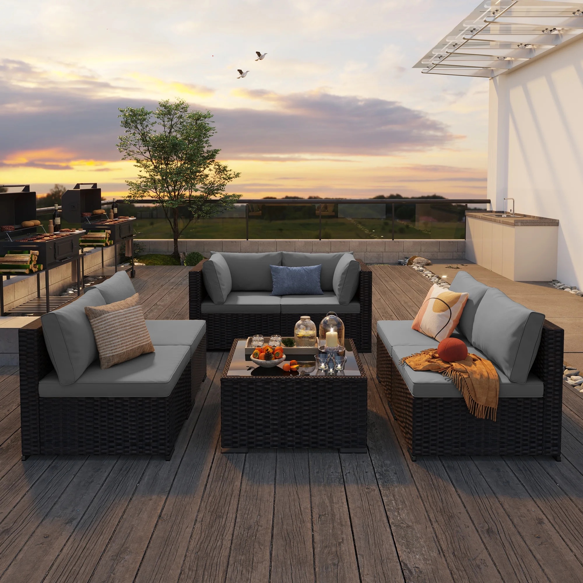 7 Pieces Outdoor Patio Furniture Set, Lofka PE Rattan Sectional Sofa with Tempered Glass Coffee Table & All-Weather Cushions, Patio Conversation Set for Garden, Poolside (Grey) - Image 9